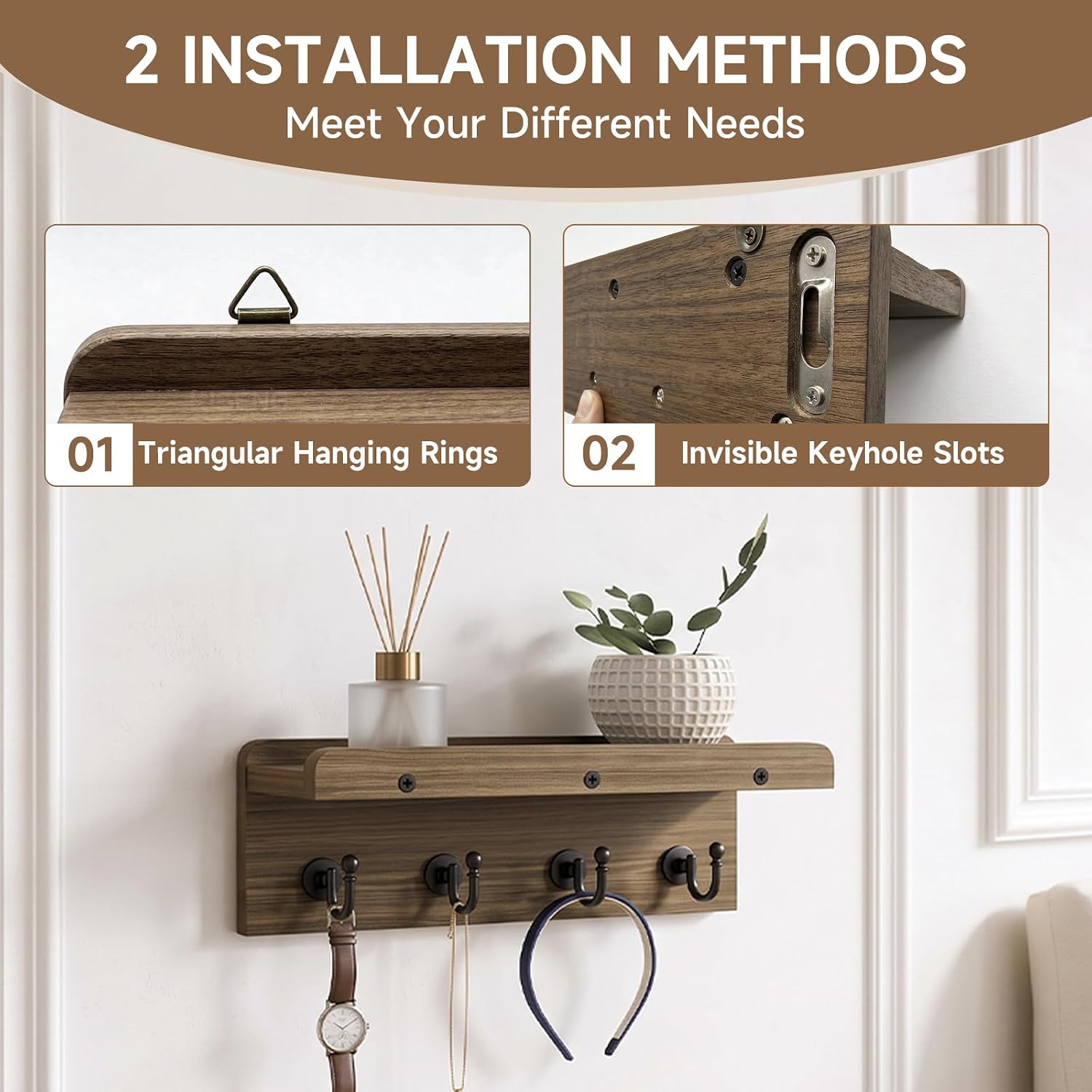 Detalle de KISENG KH-mini-zhiban Wall-Mounted Key and Mail Organizer, 4 Hooks, Wood