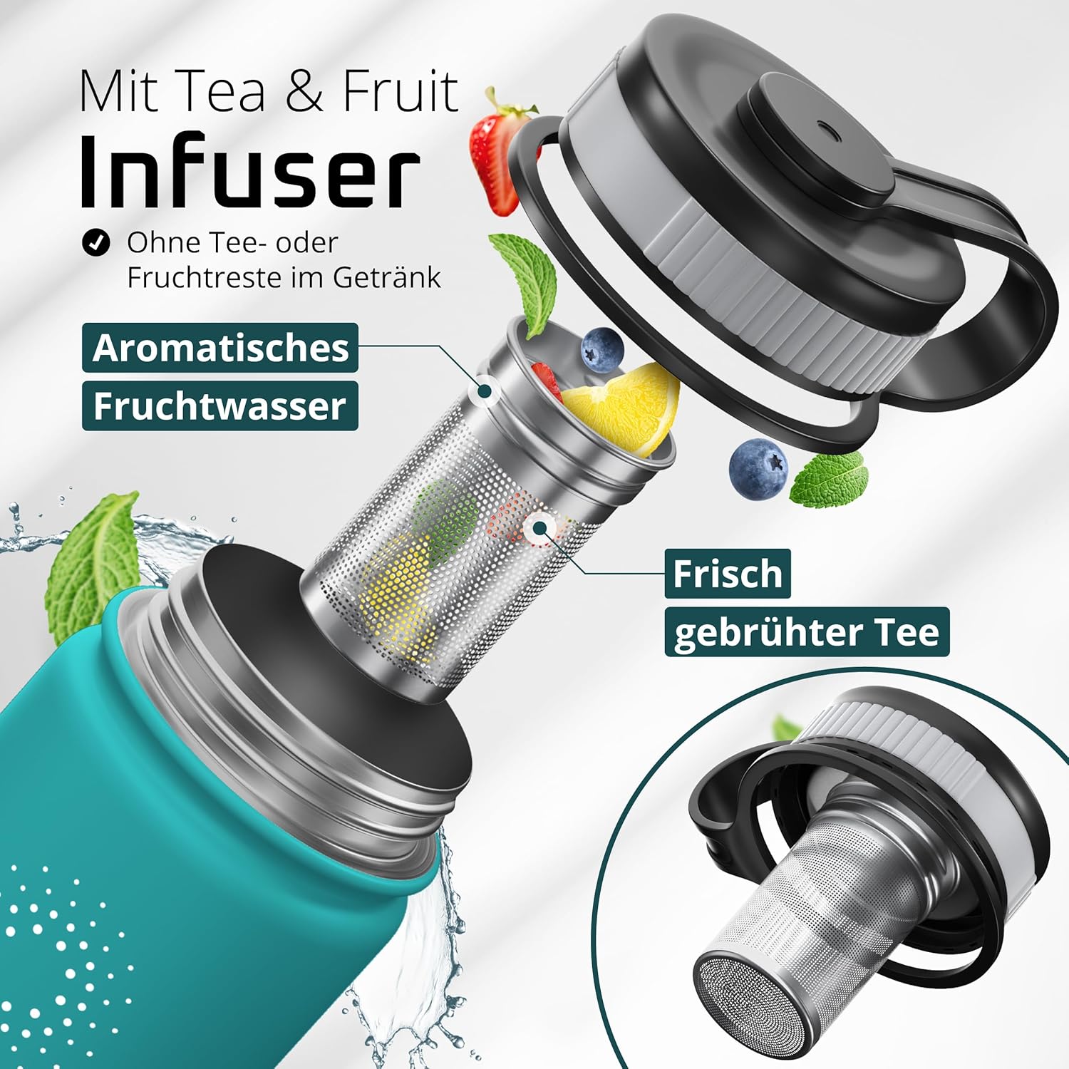 Thumbnail 5 de ACTIVE FLASK Edelstahl-Trinkflasche inkl. Strohhalm-Verschluss (3 Deckel), auslaufsicher & BPA-frei