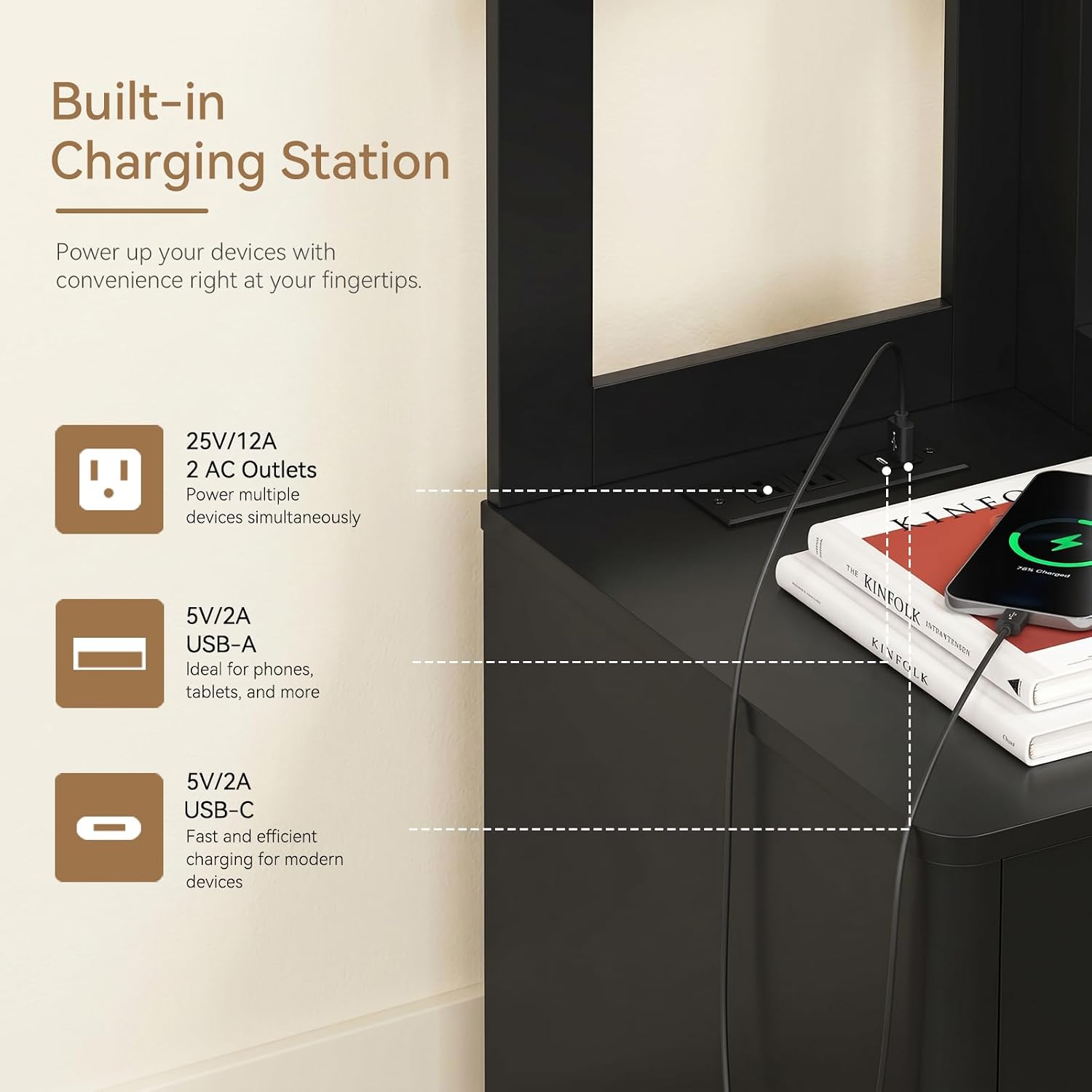Thumbnail 1 de SOLACE FURNITURE MJZK07 Tall Nightstand Set of 2 with Charging Station