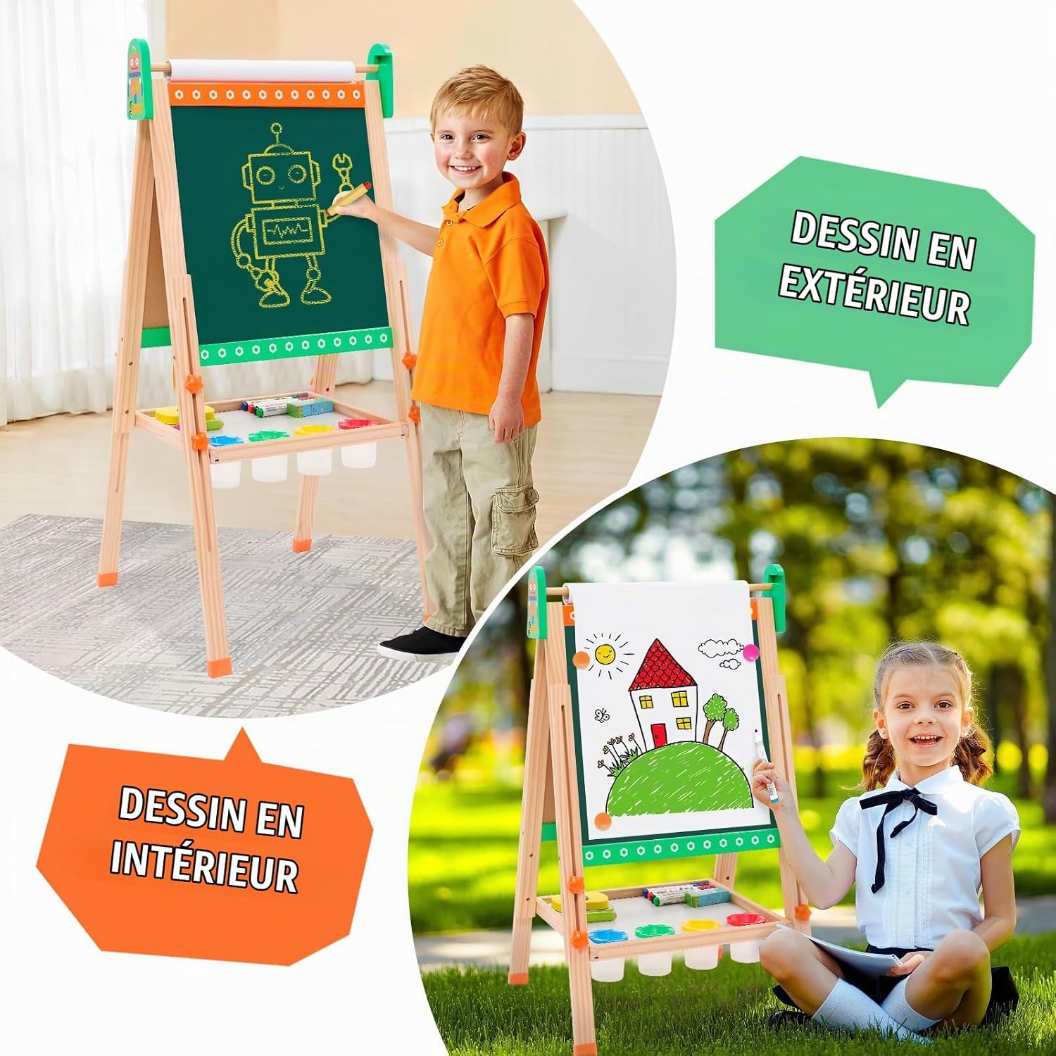 Detalle de Siairo DE-JHB-green houten kinderbord met papierrol, verstelbare hoogte en whiteboard
