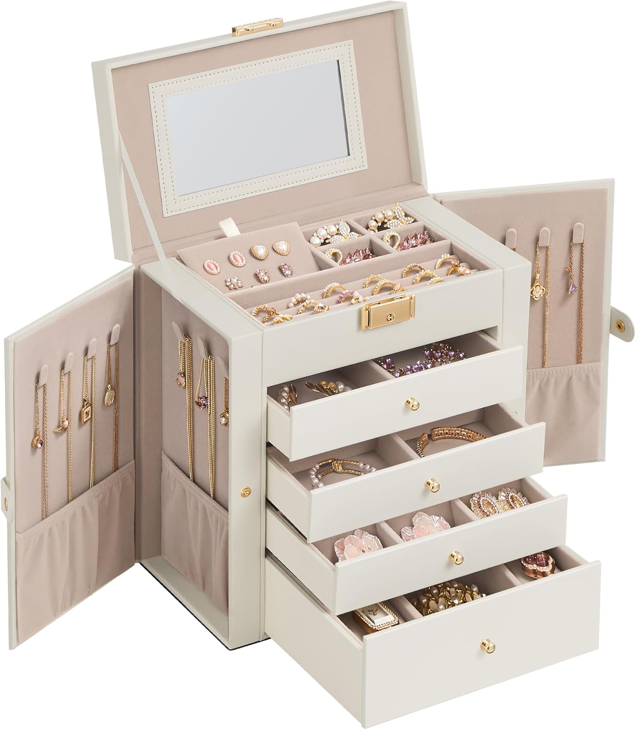 SONGMICS Boîte à bijoux 5 niveaux avec 4 tiroirs, miroir intérieur et serrure JBC153WD03