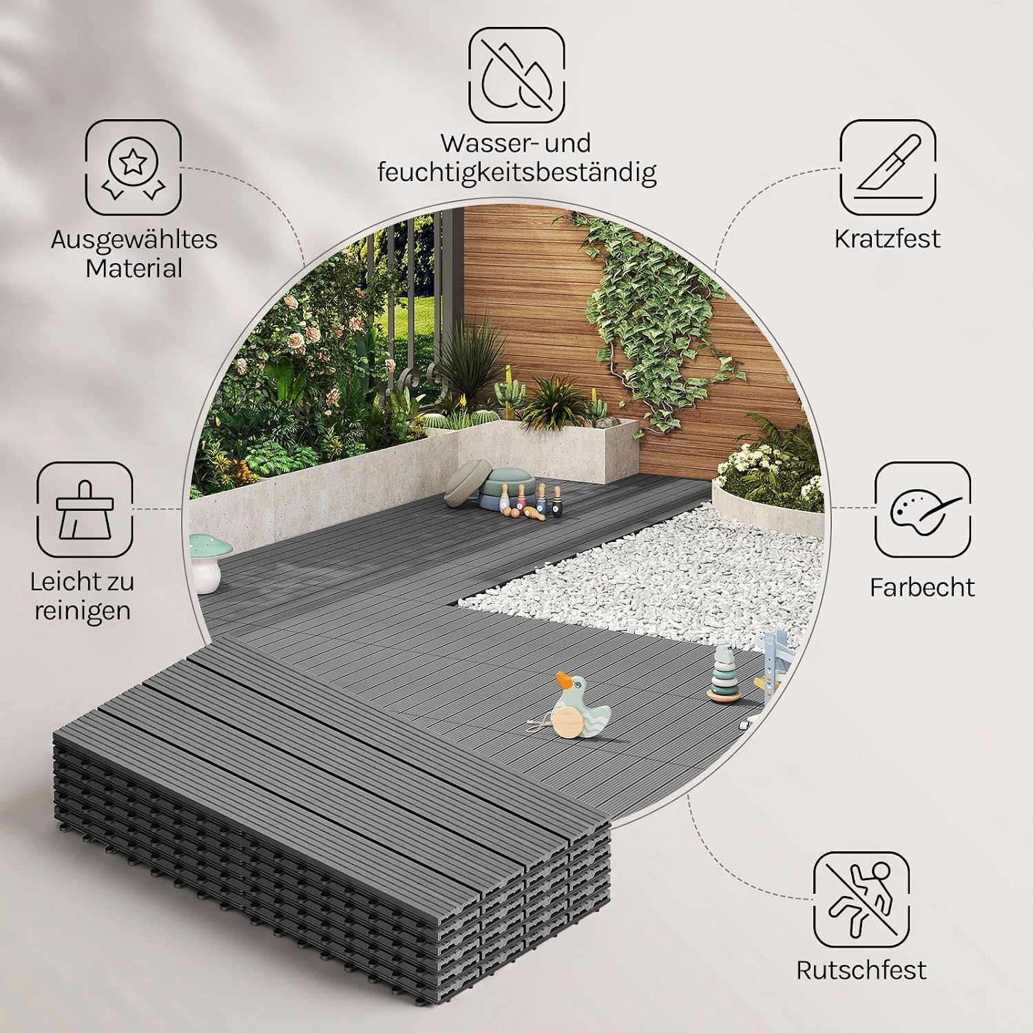 Detalle de WOLTU WPC Fliese Terrassenfliesen Holz-Optik mit Klicksystem 30 x 60 cm, hellgrau (12 Stück / 2 m²)