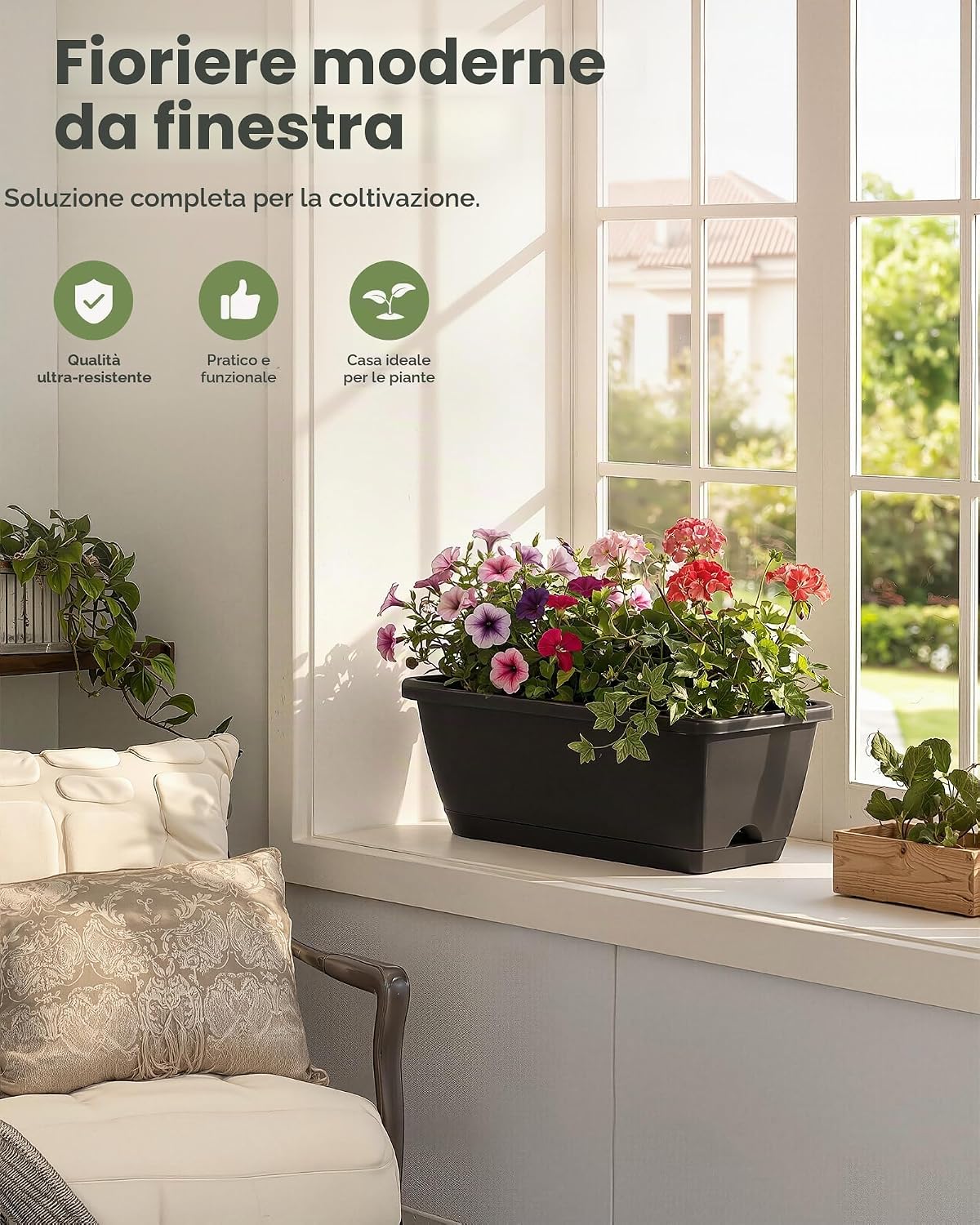 Detalle de Bamworld Set di 7 Fioriere da Finestra Rettangolari 42 cm con Foro di Drenaggio e Sottovaso