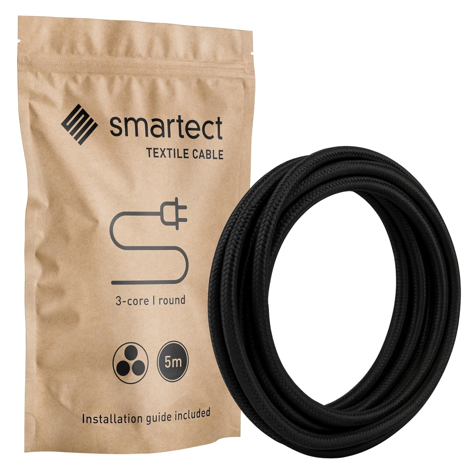 smartect Cable Électrique Textile Noir 5 m 3 conducteurs