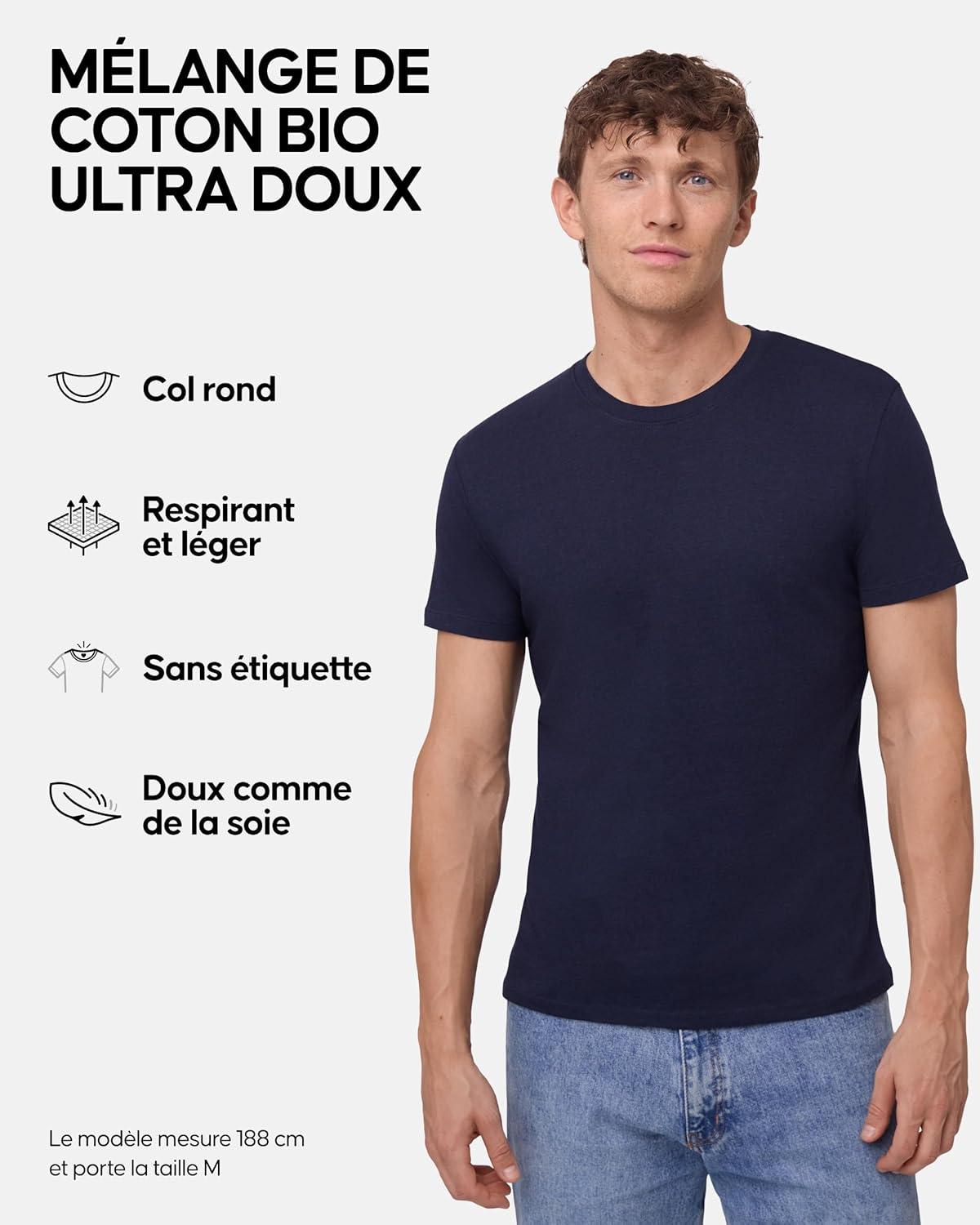 Detalle de DANISH ENDURANCE T-Shirts en coton bio mélangé modal pour homme – lot de 1, 2 ou 4, col rond, manches courtes