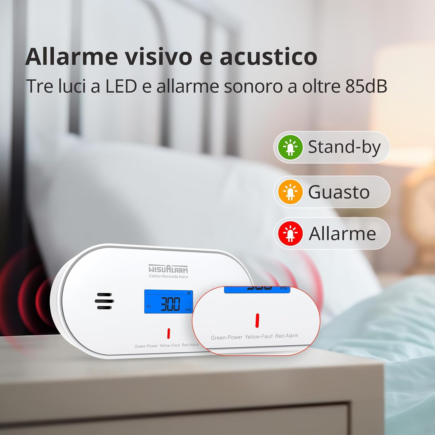 Detalle de Rilevatore di monossido di carbonio con batteria sigillata da 10 anni: monitoraggio CO, temperatura e umidità • display LCD