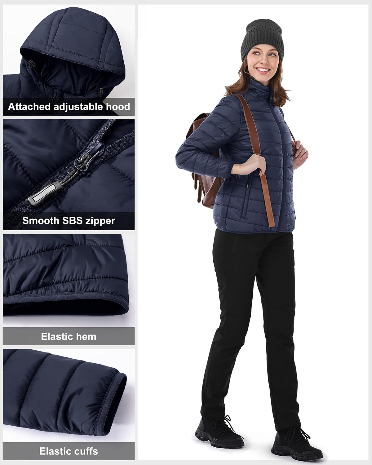 Detalle 2 de Outdoor Ventures Women’s Winter Lightweight Puffer Jacket with Hood (Short, Packable) for Hiking & Travel