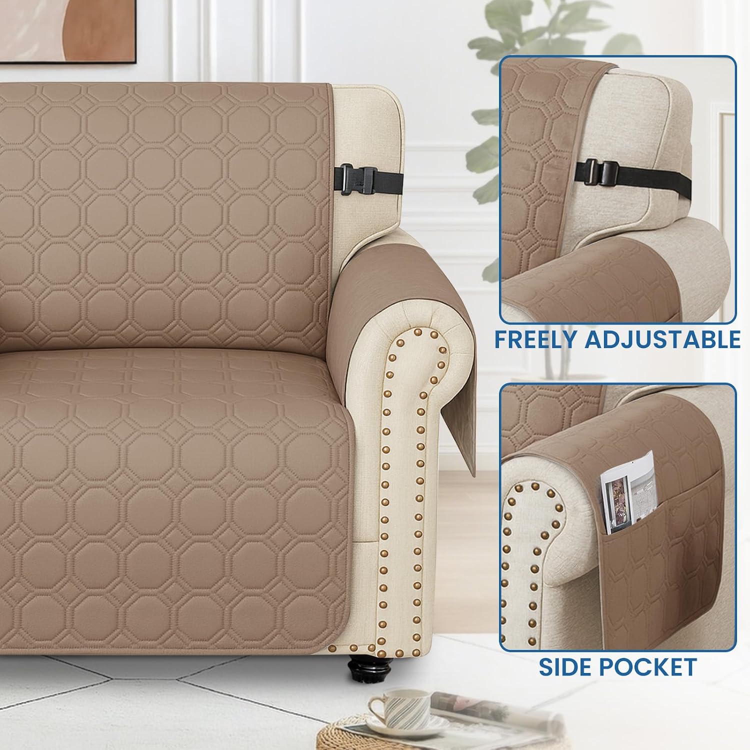 Thumbnail 5 de Ystyle copridivano impermeabile 1 posto con braccioli, antiscivolo e tasca laterale – caffè chiaro