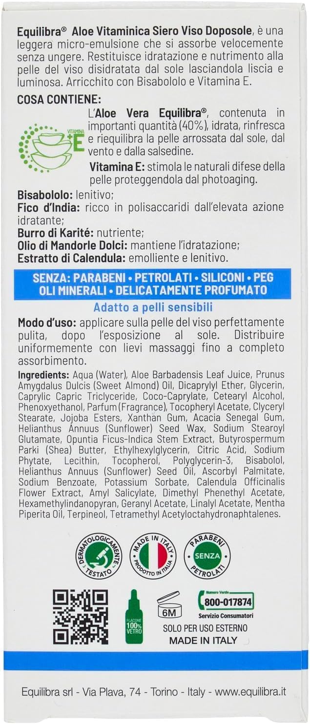 Detalle de Equilibra Siero Viso Doposole 30 ml – Aloe Vera 40%, Vitamina E e Olio di Mandorle Dolci