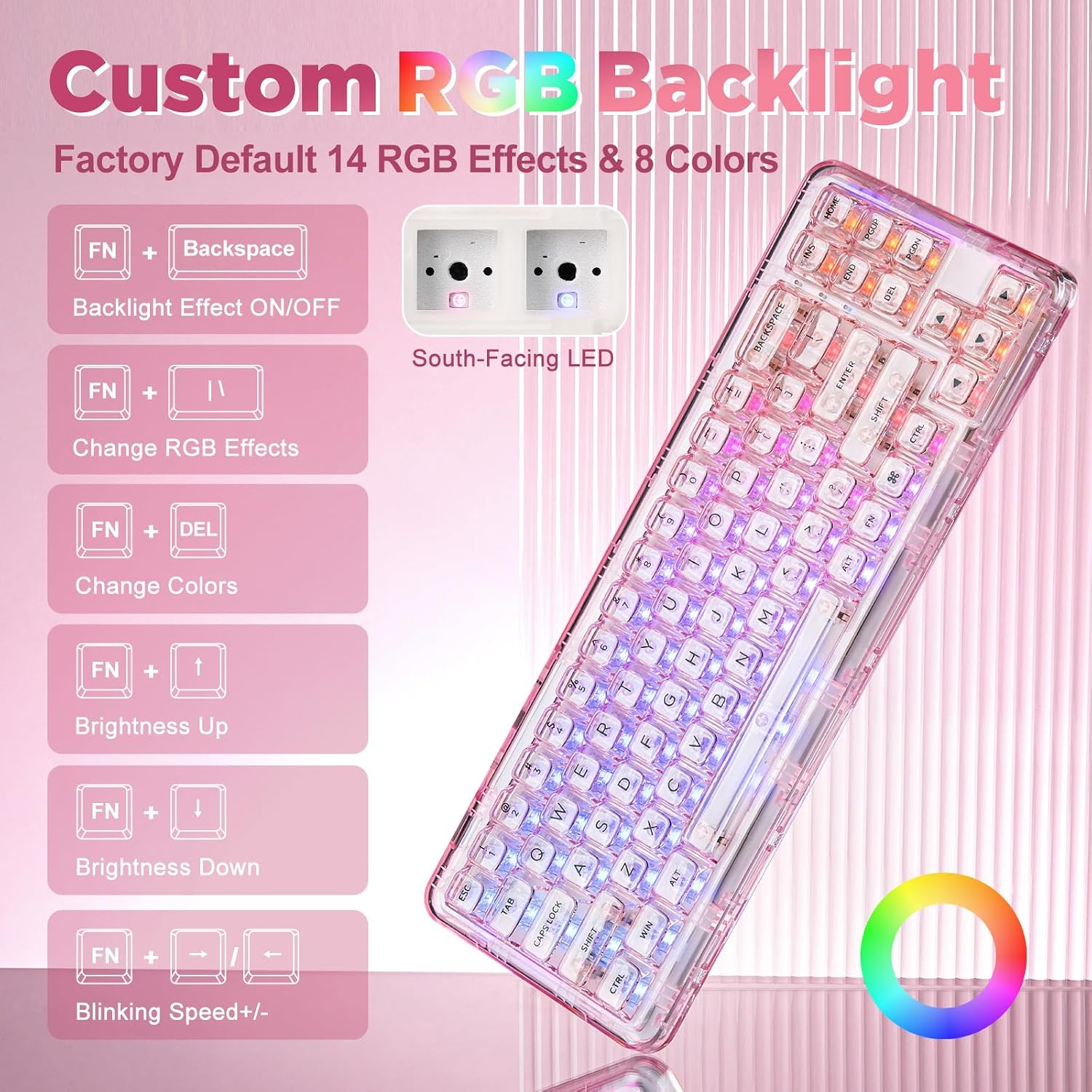 Detalle de YUNZII X71 Transparente Mechanische Tastatur (68% Layout, Crystal Ice Switch, Pink) mit Dichtung und Hot-Swap