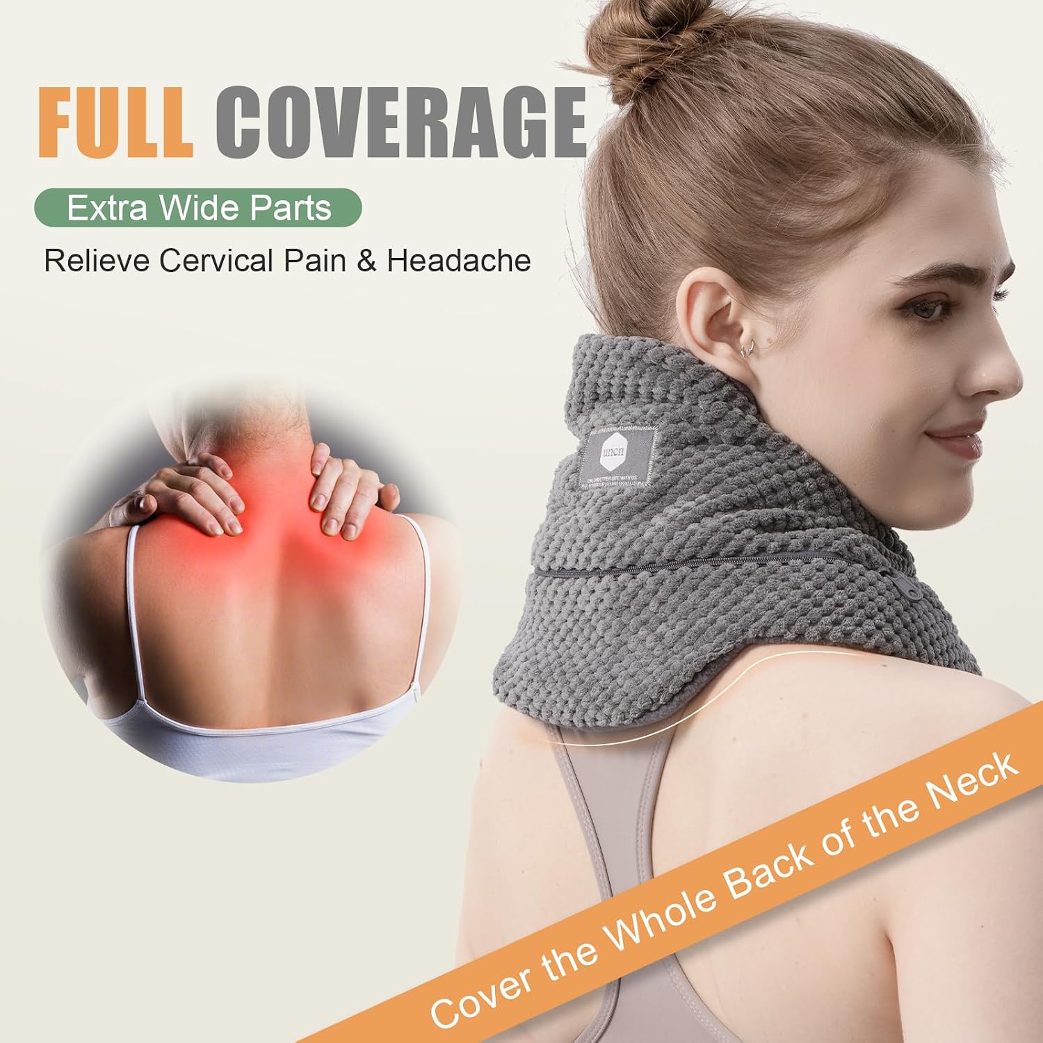 Detalle de UNCN Microwave Neck Heat Pad Warmer with Washable Cover – Wide Weighted Neck Wrap for Pain Relief
