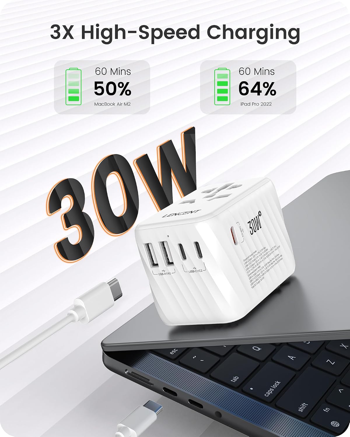 Detalle de LENCENT Adaptateur de Voyage Universelle – Prise 6-en-1 30W avec 3 USB-C et 2 USB-A