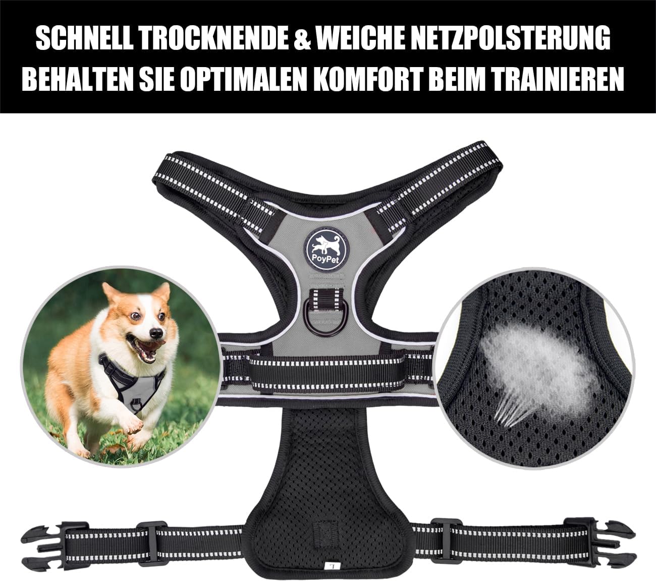Thumbnail 6 de PoyPet No Pull Hundegeschirr Grau, Größe S – Reflektierendes Geschirr mit 2 Leinenbefestigungen