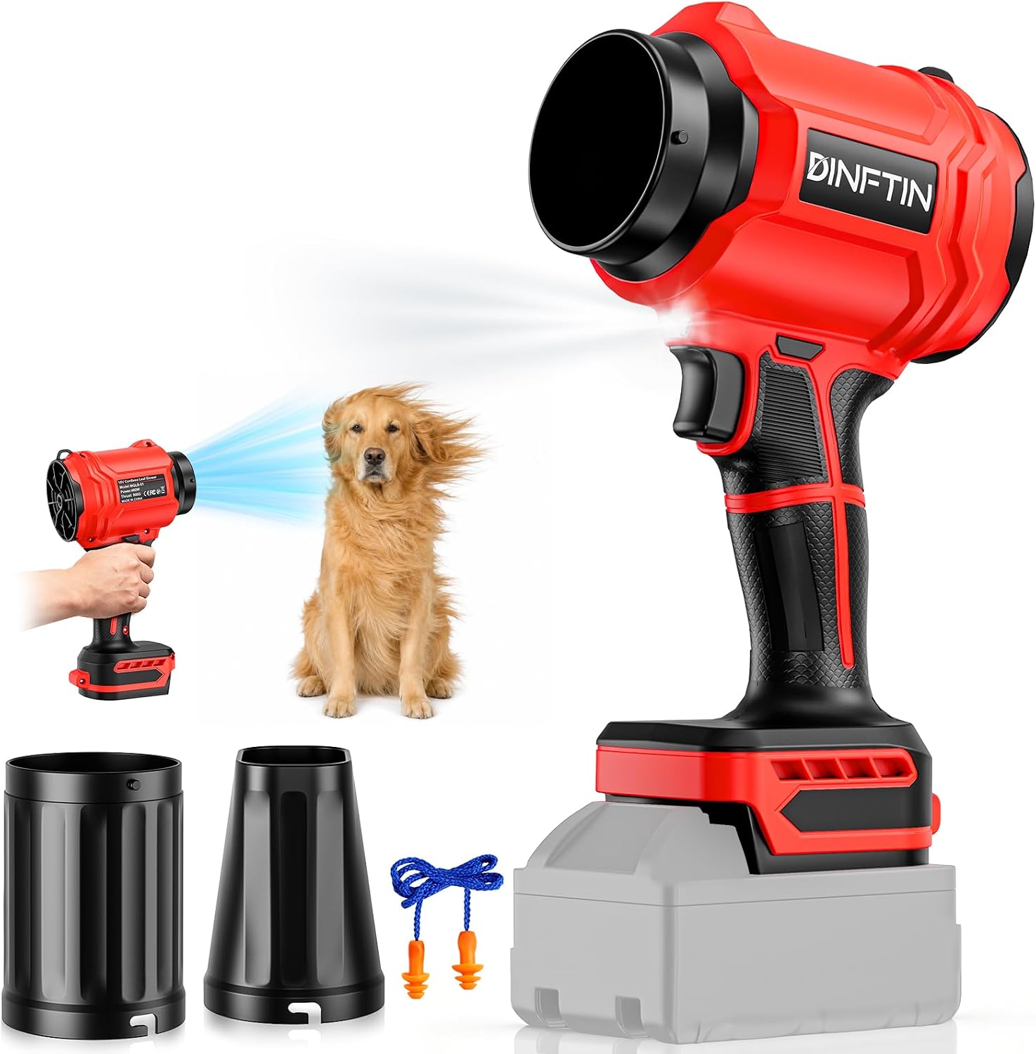 Detalle de Dinftin BL-BFJ-M01 Cordless Leaf Blower, 125 MPH, 430 CFM, Two Nozzles