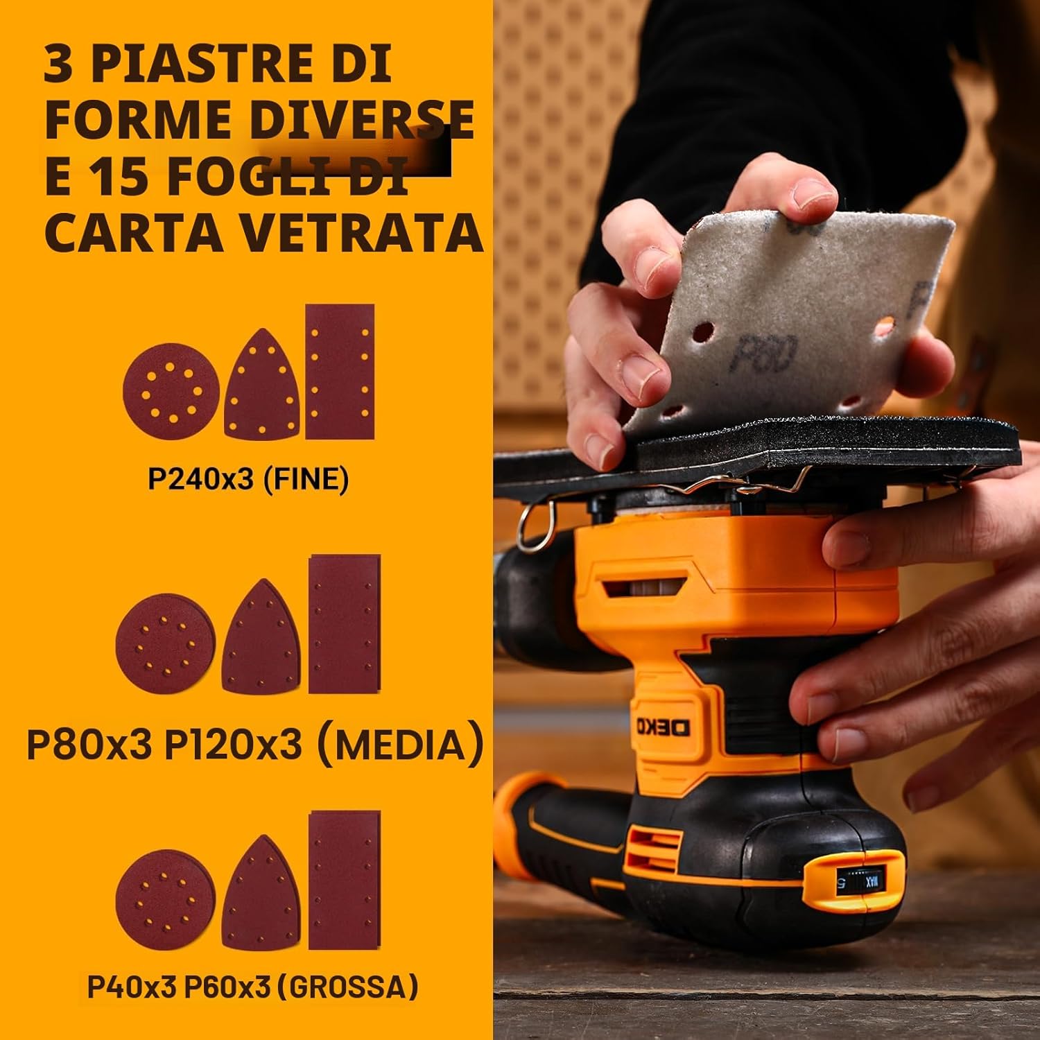Detalle 2 de DEKOPRO 3-IN-1 Levigatrice Orbitale: Levigatrice Multifunzione 300W, 6 velocità, 13000 RPM e 15 fogli inclusi