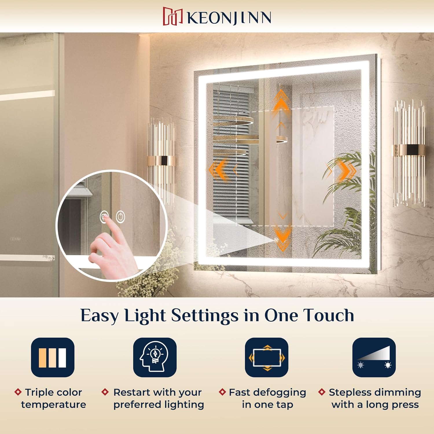 Detalle de Keonjinn LED Bathroom Mirror 28 x 36 Inch: Frontlit & Backlit, Anti-Fog with 3 Color Lights