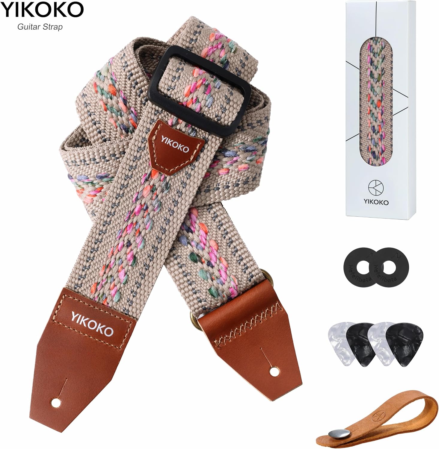 Thumbnail 6 de YIKOKO Gitarrengurt mit Vollnarbenlederenden, 5,1 cm Breite – Baumwolle für Bass-, E- und Akustikgitarre