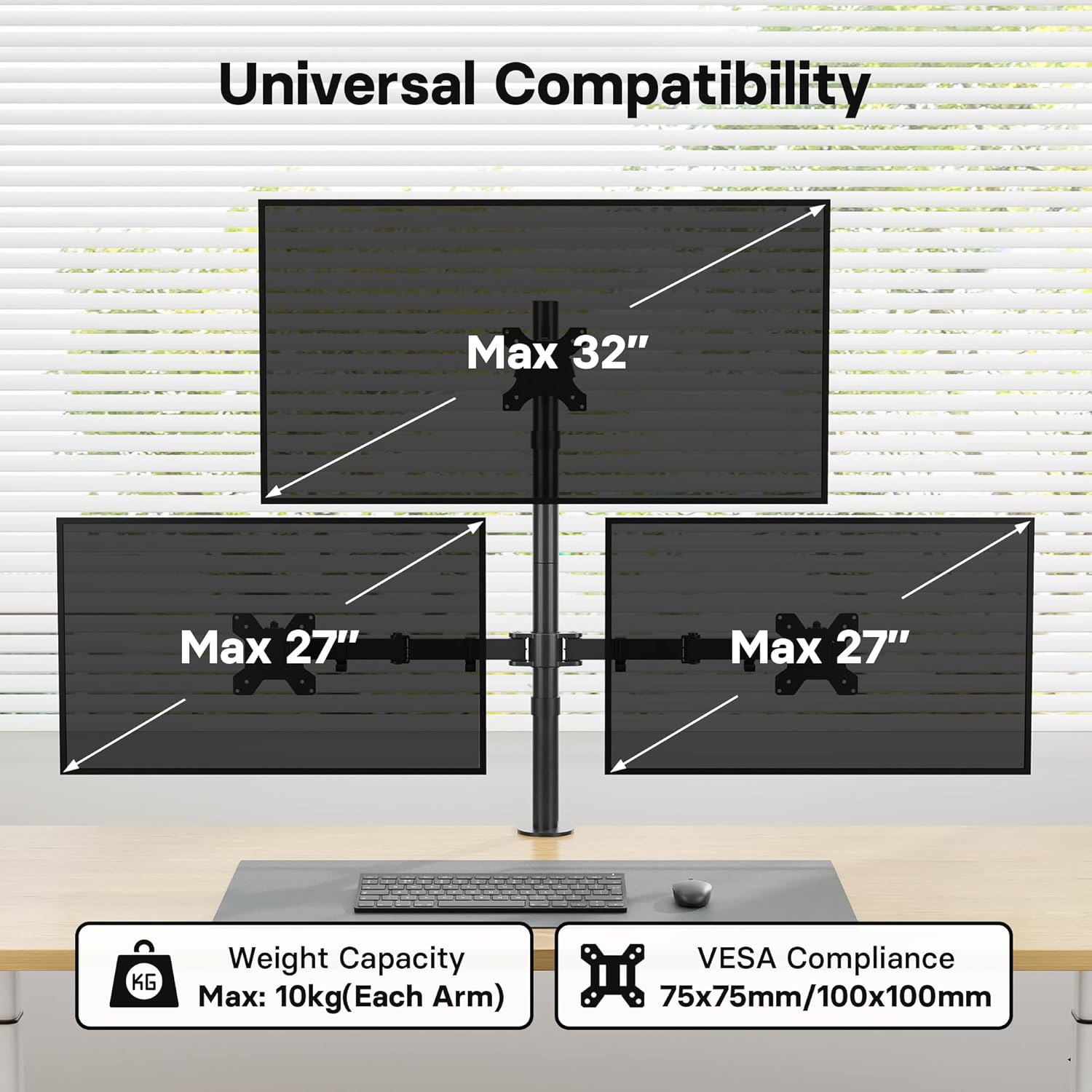 Thumbnail 2 de BONTEC Supporto Monitor Triplo per Schermo da 32" e due da 27" – montaggio a morsetto e palo centrale, VESA 75/100mm