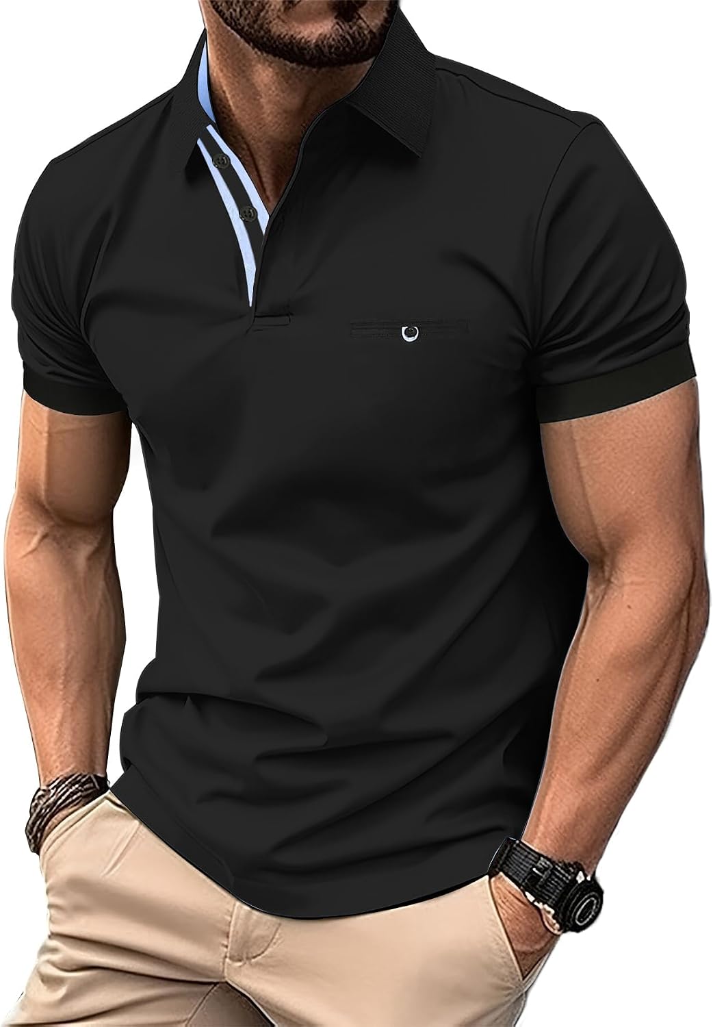 Detalle de LIUPMWE Herren-Poloshirt aus Baumwolle mit Kontrastdesign für Sommer & Sport