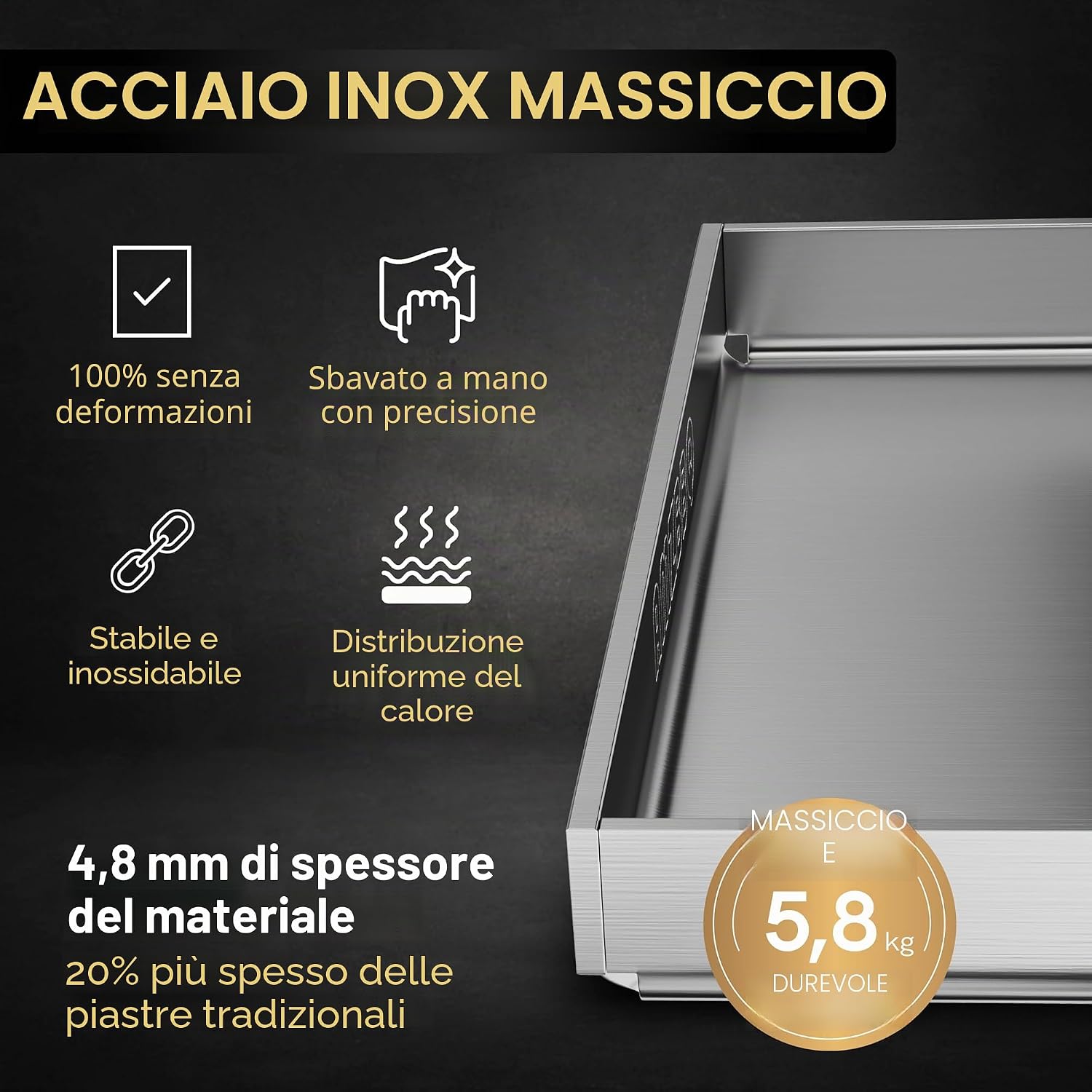 Detalle de AMZBBQ Set Plancha Premium per Weber Genesis 2 e Broil King Imperial & Regal – Plancha in acciaio inox 4,8 mm, 48 x 24,5 cm