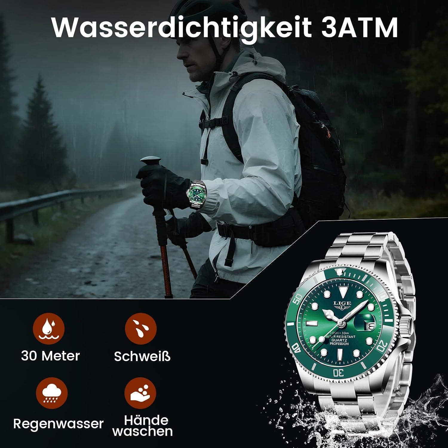Detalle 2 de LIGE Herrenuhr mit analogem Quarzwerk, Kalenderfunktion und 3ATM Wasserdicht (30M)