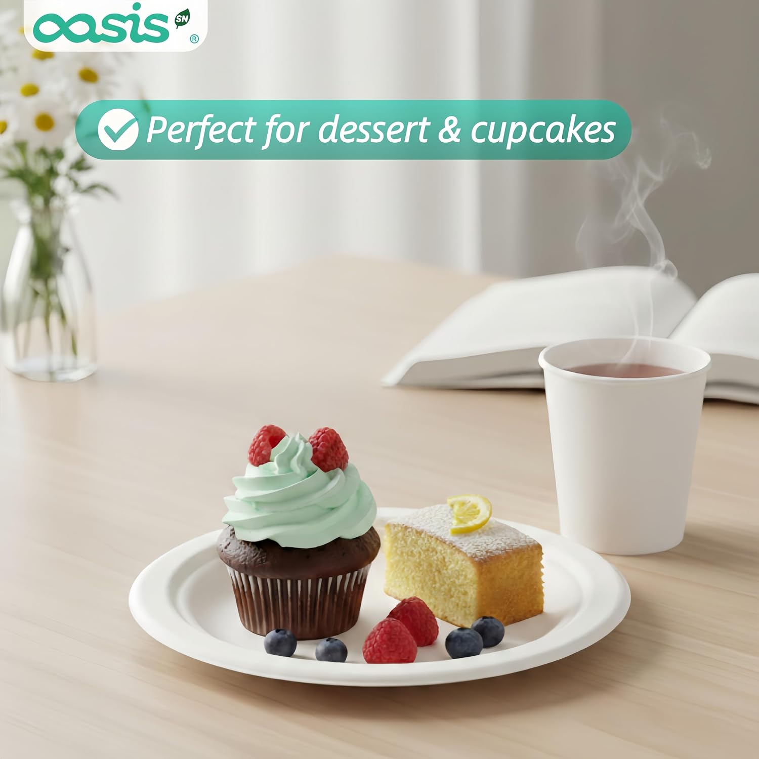 Detalle de OasisSN 6 Inch Paper Plates (128 Pack) — Compostable Sugarcane Bagasse Dessert Plates for Cakes, Snacks & Kids Meals