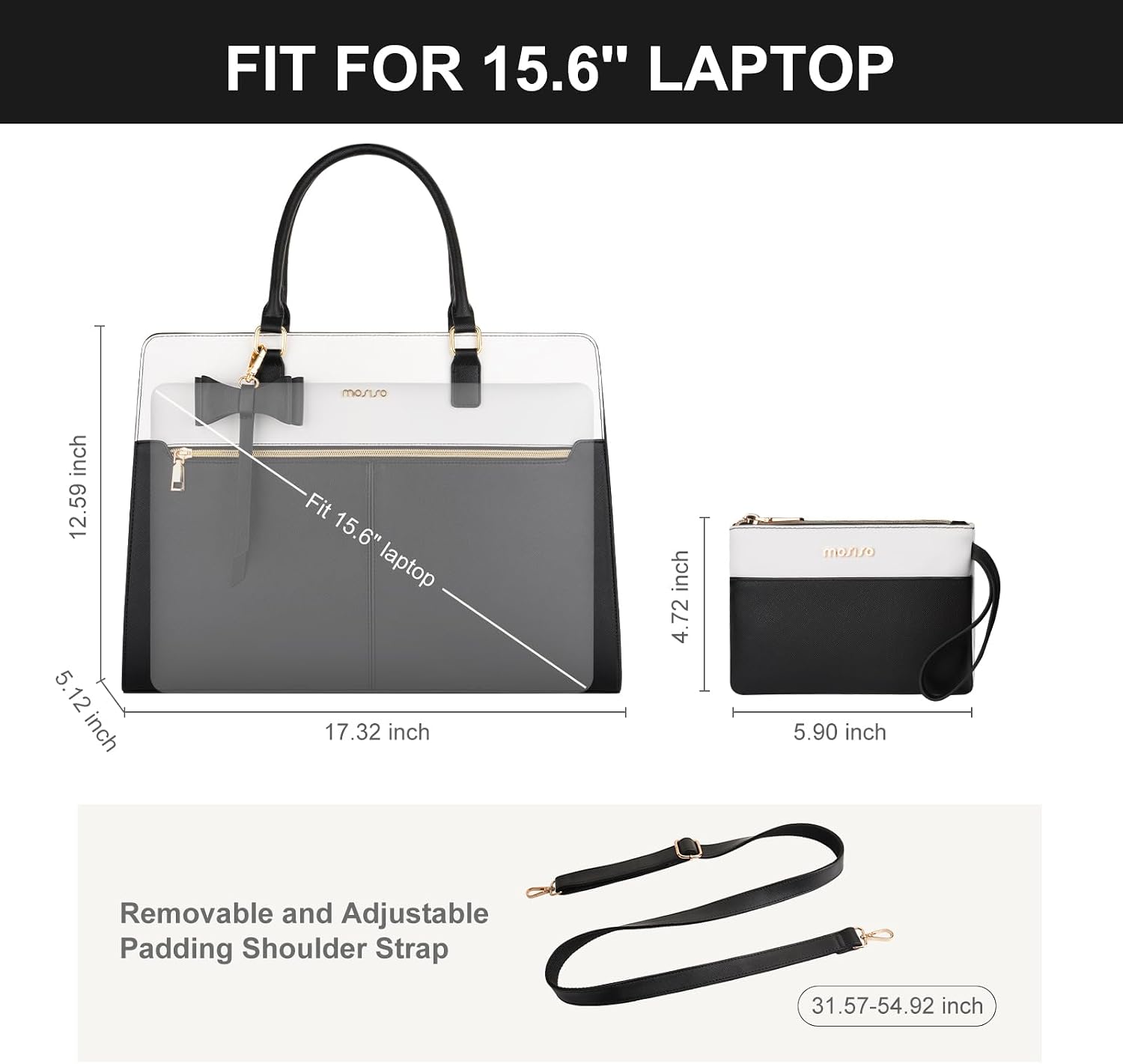 Detalle de MOSISO Borsa Tote Laptop Donna 15.6'' in Pelle PU Impermeabile, con Pochette e Fiocco – Nero