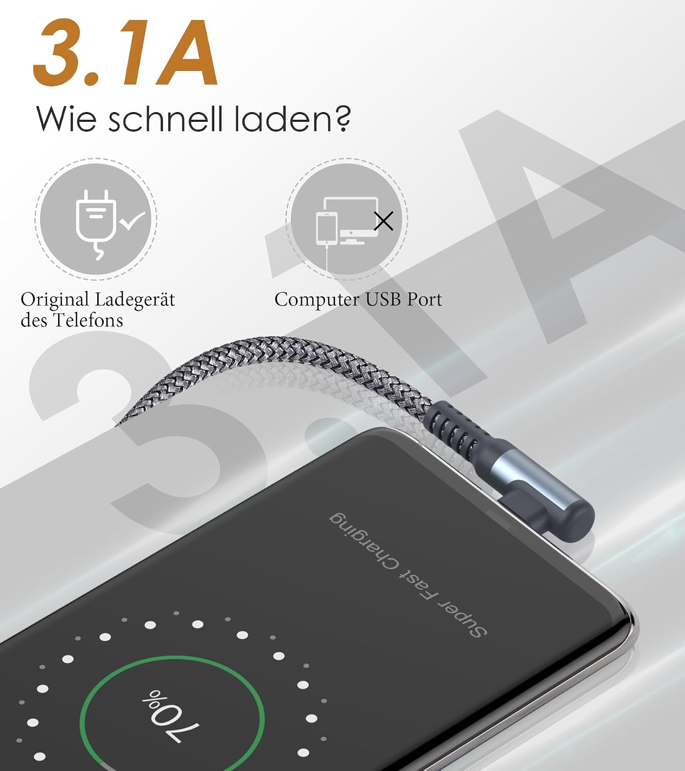 Detalle 2 de USB C Kabel 3.1A 3M Schnellladung