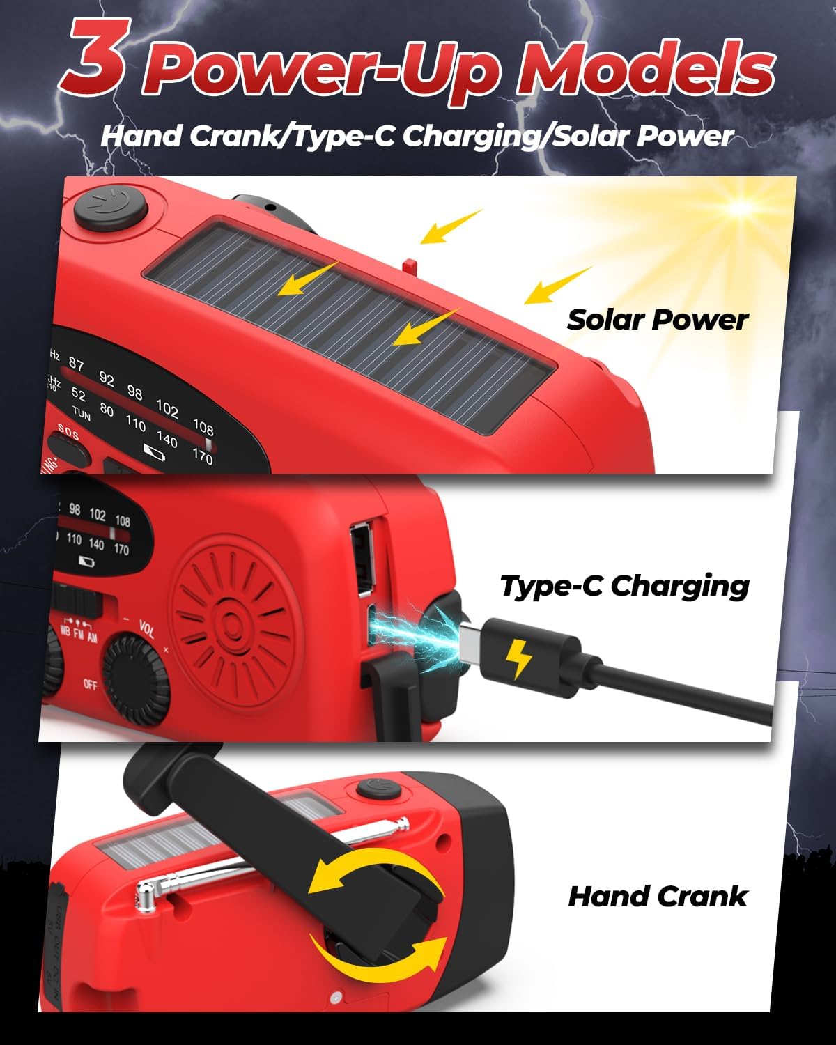 Detalle 2 de Esky Wind Up Radio: Survival Hand Crank Solar AM/FM Weather Radio with 2000mAh USB Power Bank