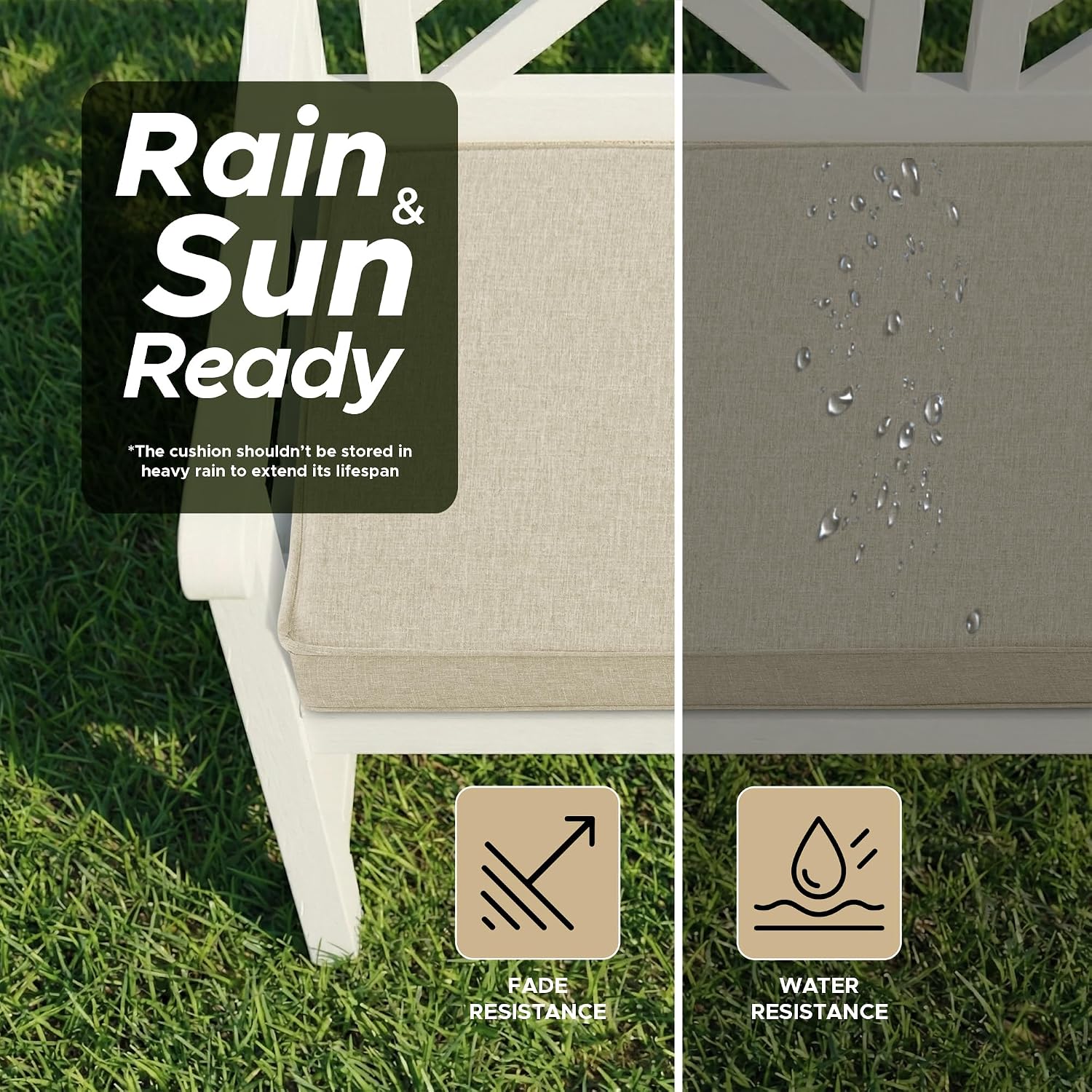 Detalle de Fitfree FCDD4816BE1P Outdoor Bench Cushion, 48 x 16 Inch, Beige