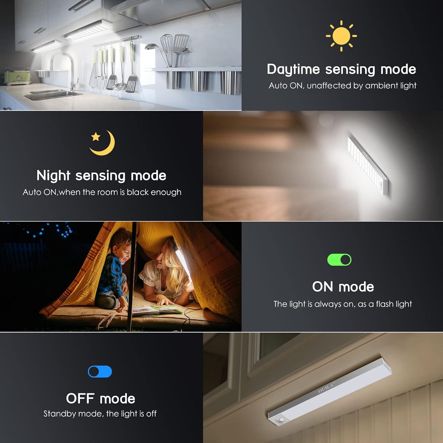 Detalle 2 de OUILA Schrankbeleuchtung LED (3er-Set) mit Bewegungsmelder, batteriebetrieben, ohne Bohren