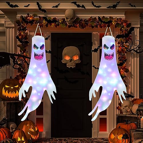 Detalle de Qedertek Halloween Deko Outdoor – 2 Stück 120 cm Geister Windsäcke mit Lichterkette
