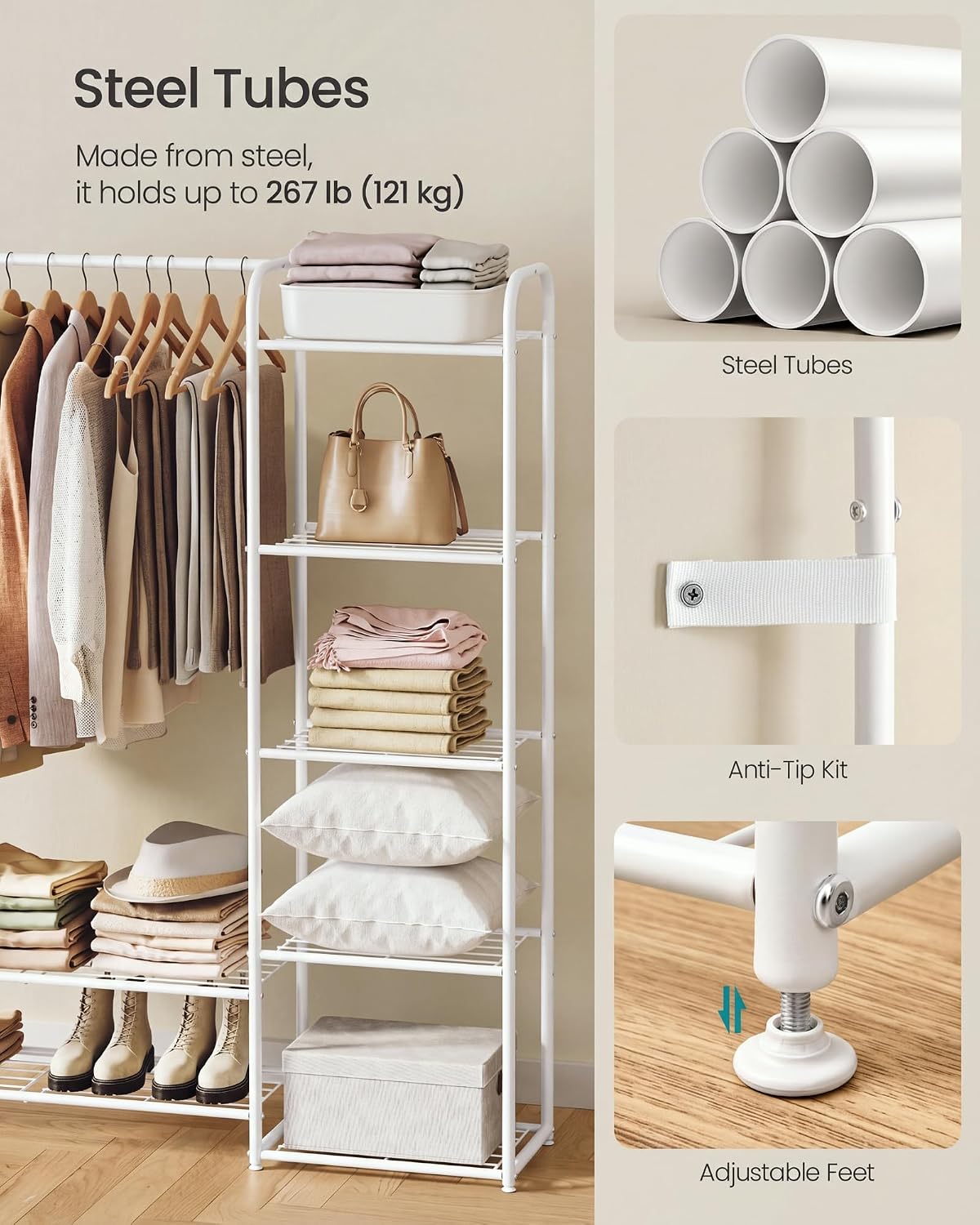 Detalle 1 de SONGMICS PATAYE LGR463W01 Clothes Rail, 9 Shelves, Matte White Steel