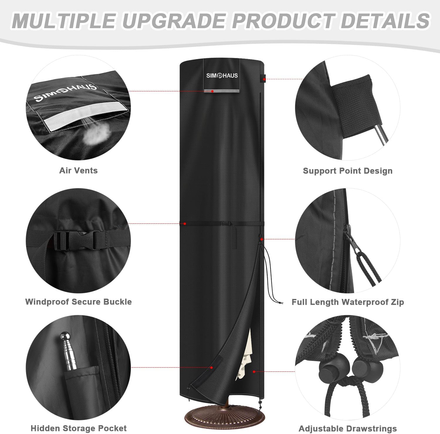 Detalle de SIMPHAUS Patio Umbrella Cover with Rod (280x70/70cm) – double sided, waterproof and windproof
