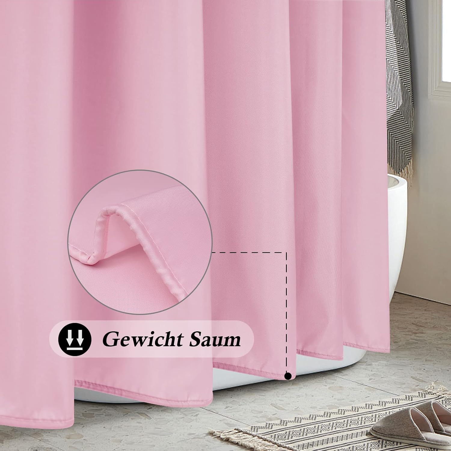 Detalle de EurCross Rideau de douche étroit 120 x 200 cm – Tissu imperméable en polyester, rose, 8 anneaux