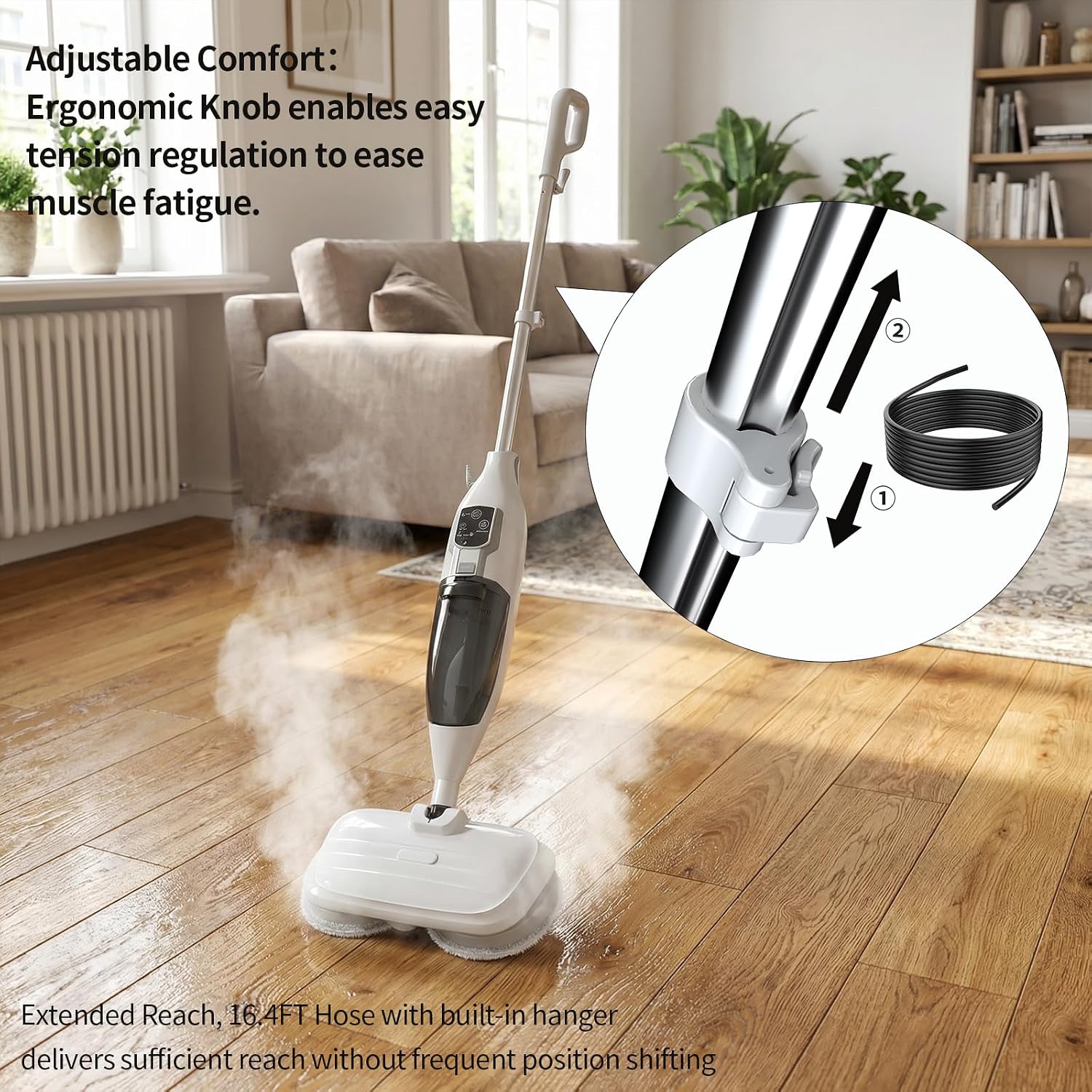 Detalle de PUREBEAR Scrub & Steam Mop, 300°F Steam, 3 Settings, 4 Reusable Pads