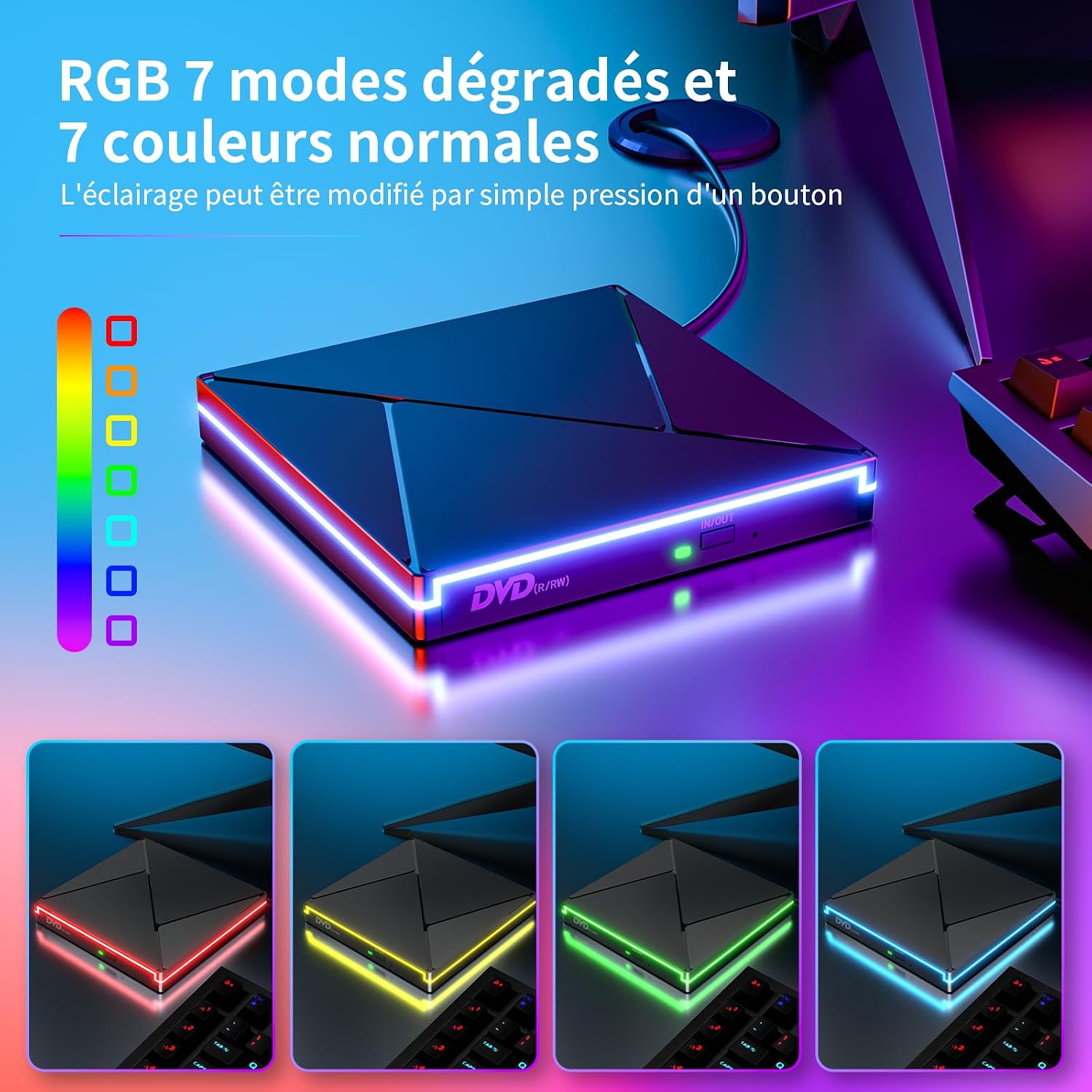 Detalle de Lecteur CD/DVD Externe USB 3.0 / USB-C avec RGB – Graveur Portable