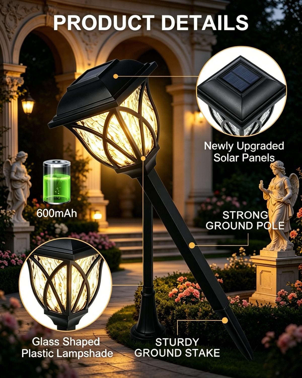 Detalle de tuare 4 Pcs Waterproof LED Solar Outdoor Lights: Auto On/Off Pathway Lamps for Garden and Patio
