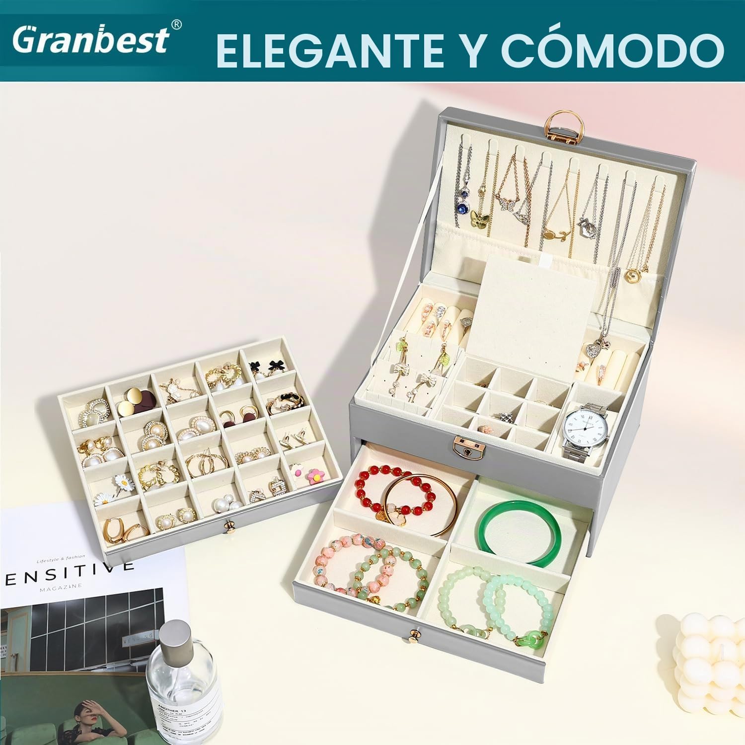 Detalle 2 de Granbest Joyero de 3 niveles con 2 cajones Gris