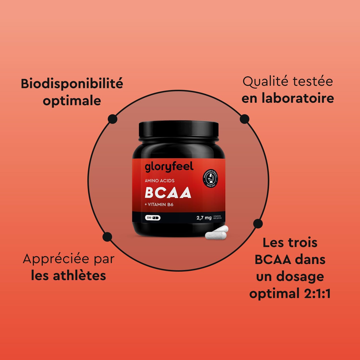 Thumbnail 1 de BCAA GloryFeel 330 capsules – Acides aminés essentiels dosés 2:1:1 avec vitamine B6
