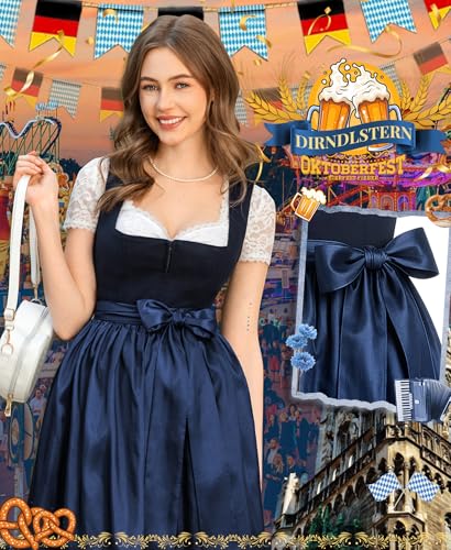 Detalle 2 de DIRNDLSTERN Damen-Dirndl München Nachtblau – Midi, ohne Schnürung, Rock 60 cm, Gr. 42