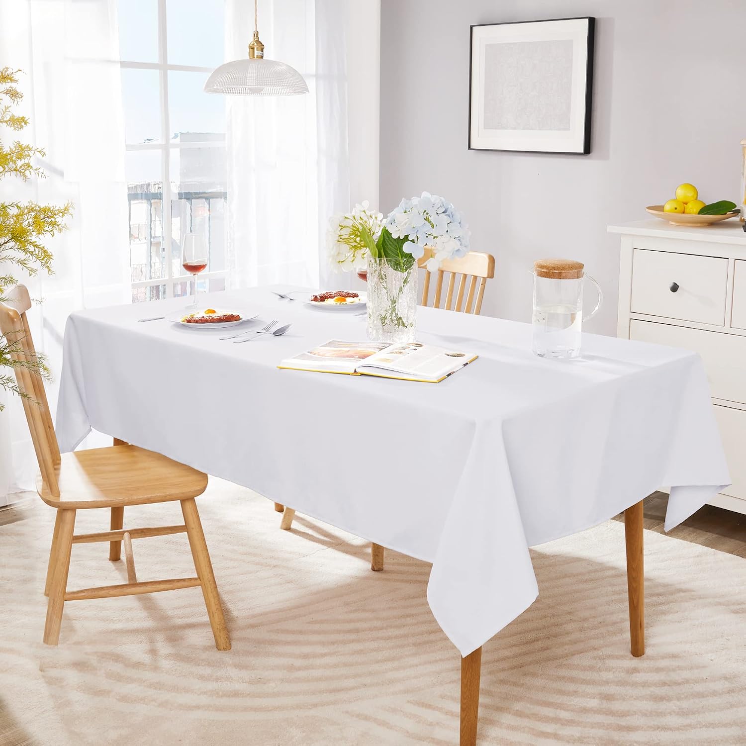 Detalle de Deconovo Nappe Rectangulaire 132x178 cm Blanc – Nappe semi-imperméable pour table extérieure
