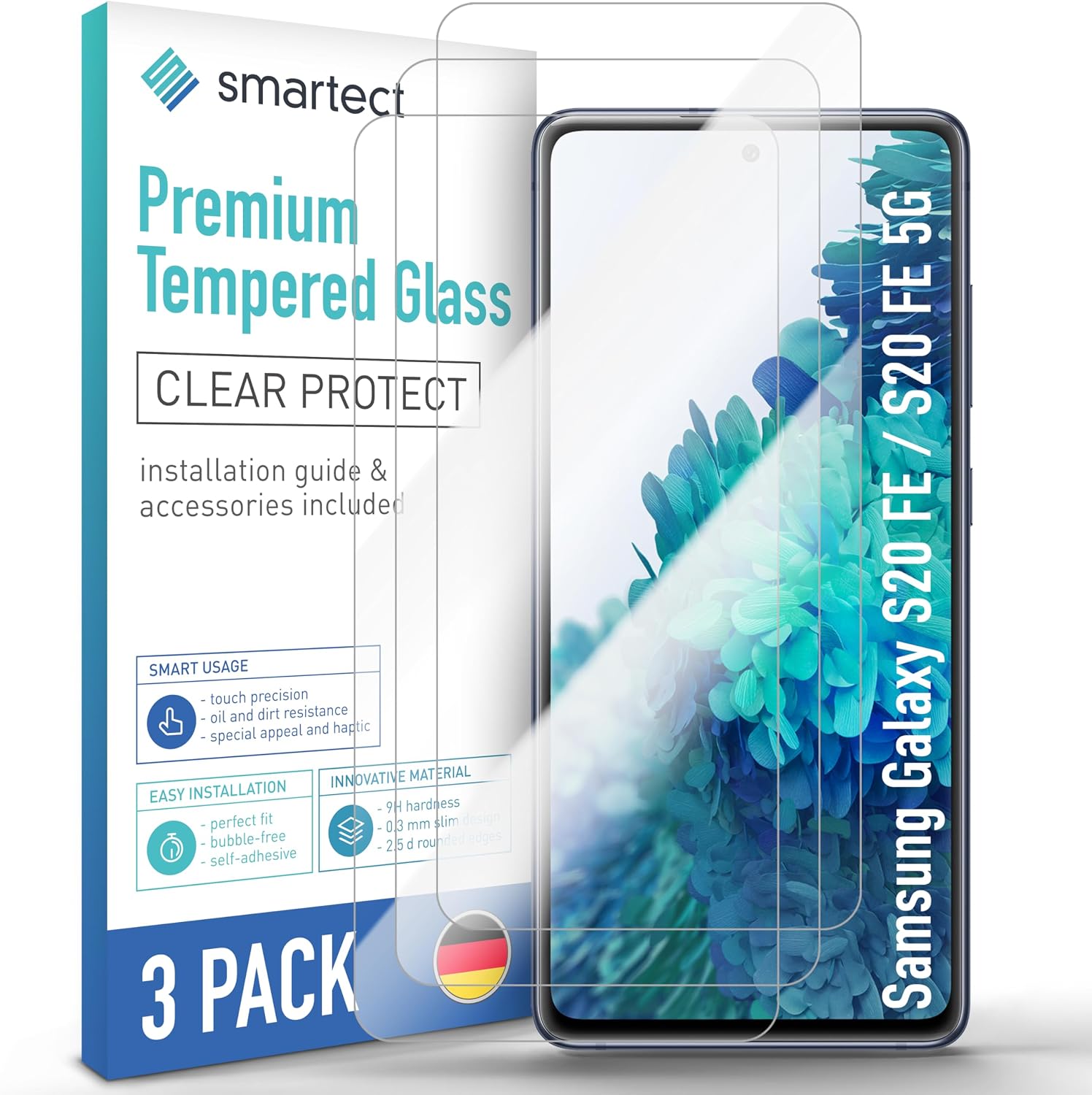 Detalle de SmarTect Tempered Glass Screen Protectors for Samsung Galaxy S20 FE, 3-Pack, 9H