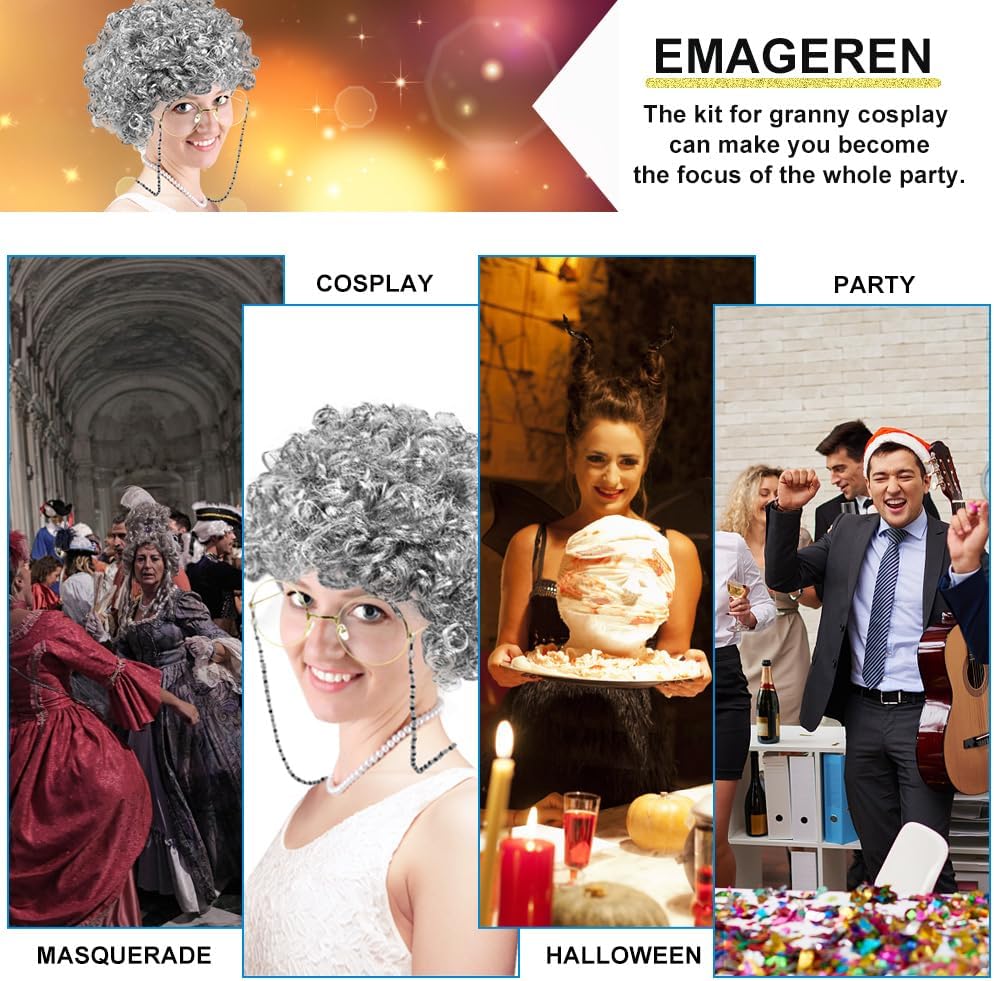 Detalle de EMAGEREN 7 Pcs Old Lady Cosplay Set: Granny Wig, Glasses & Accessories for Halloween
