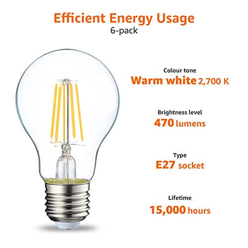 Detalle de Amazon Basics – Lot de 6 ampoules LED Edison E27 4,3 W (40 W équiv.), filament transparent, lumière blanc chaud 2700 K