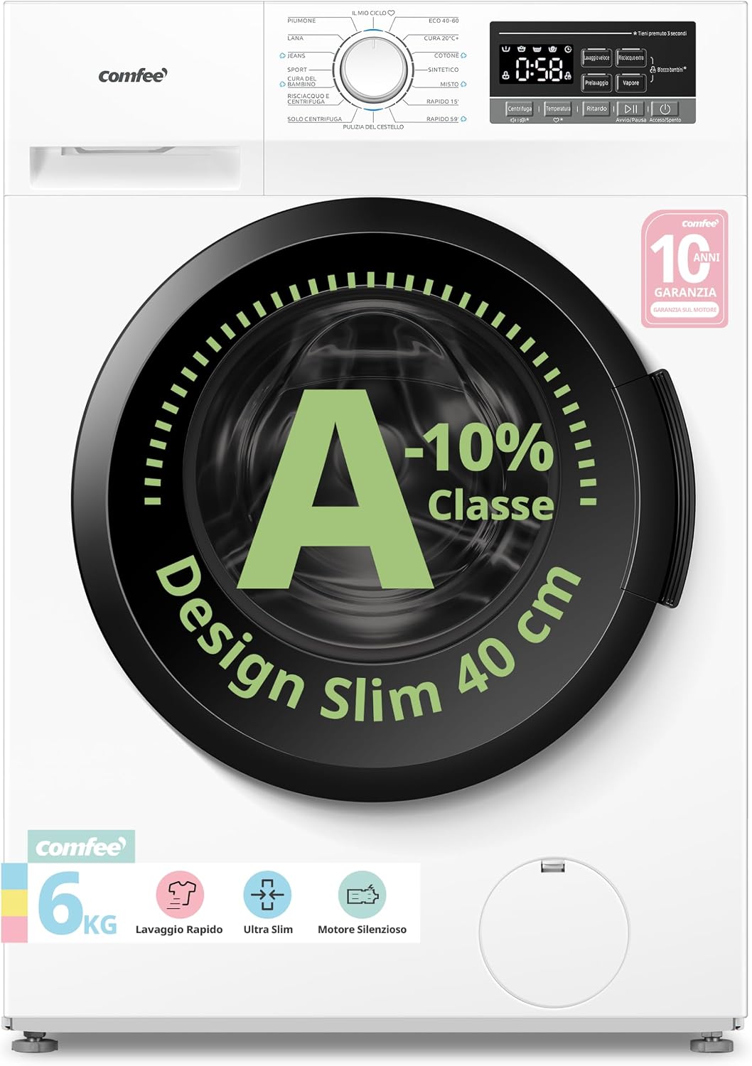 Detalle de COMFEE' Lavatrice Ultra Slim 6 kg – profondità 40 cm, motore BLDC, Classe A-10%