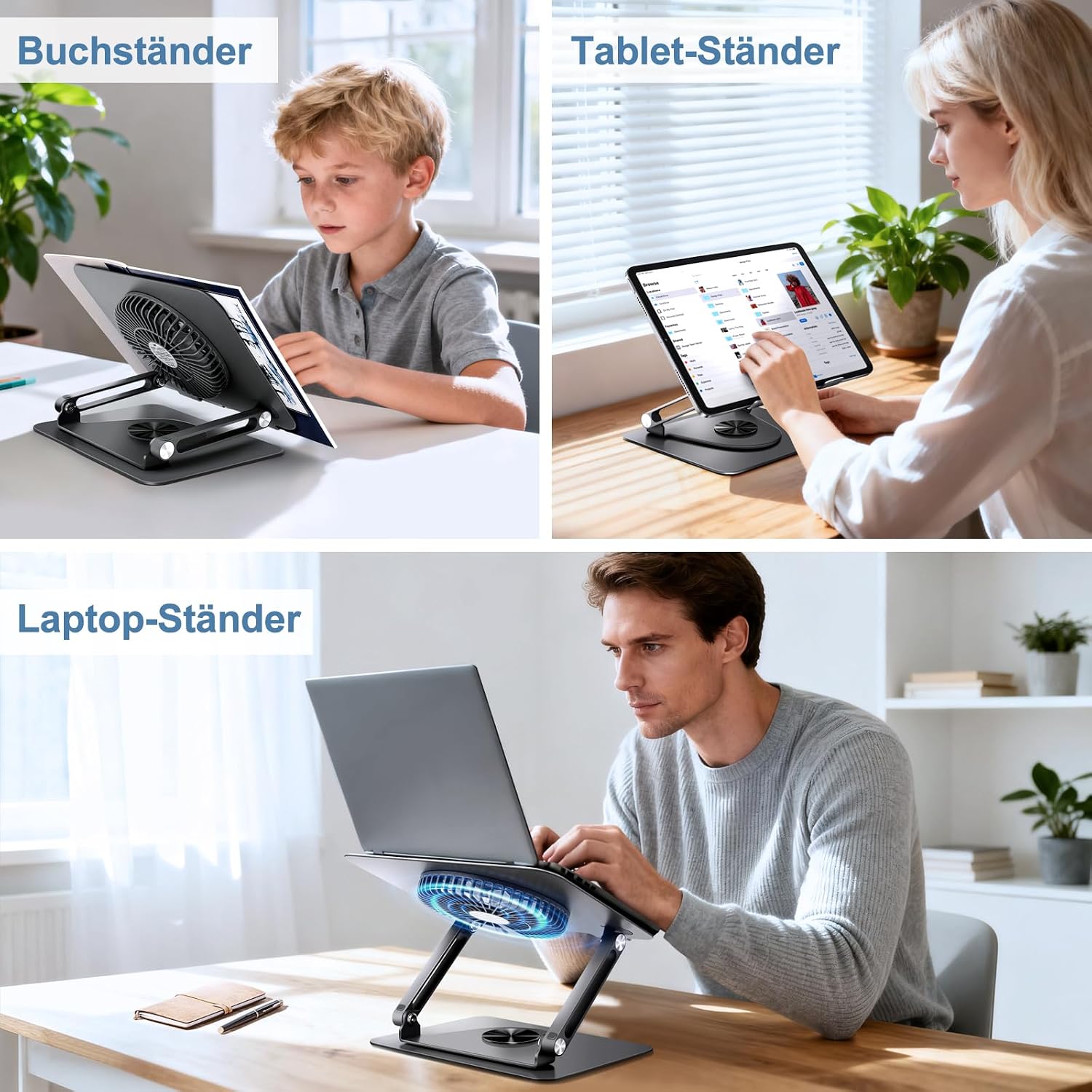 Detalle de ICARE Laptop Ständer mit Magnetischem Laptop Kühler – 2-in-1, 360° Drehbasis, 10 kg Tragkraft, 18 dB, bis 16 Zoll