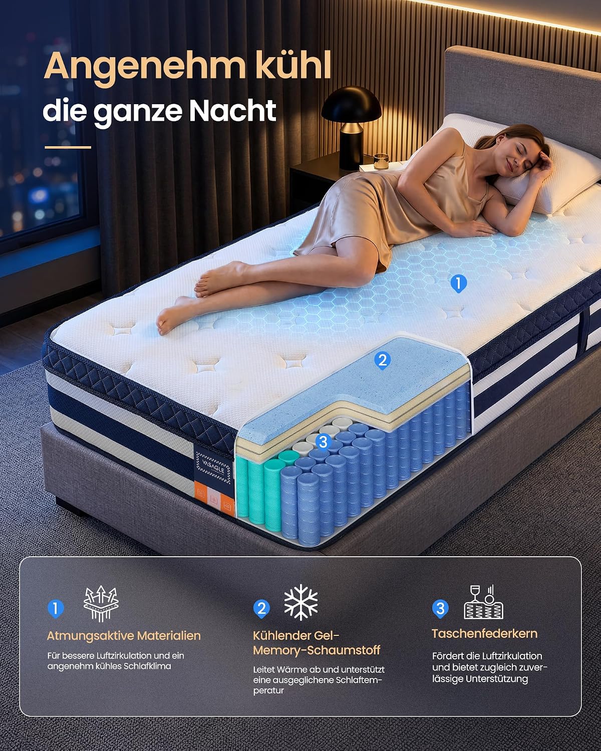 Detalle 2 de VASAGLE Matratze RMZ232Q101 – 90 x 200 x 25 cm, Taschenfederkern mit Gel-Memory-Schaumstoff, 7-Zonen, mittelfest