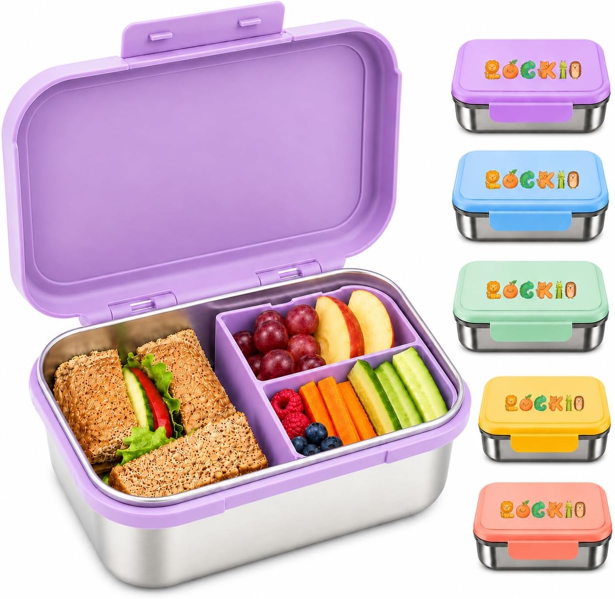 Detalle de LOCKII kinderbroodtrommel 1000 ml van roestvrij staal met snackbox, paars