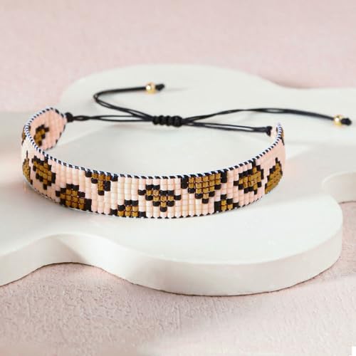 Detalle de KELITCH Pulsera de Perlas de Semillas con Estampado de Leopardo – Miyuki y Cordon de Algodón